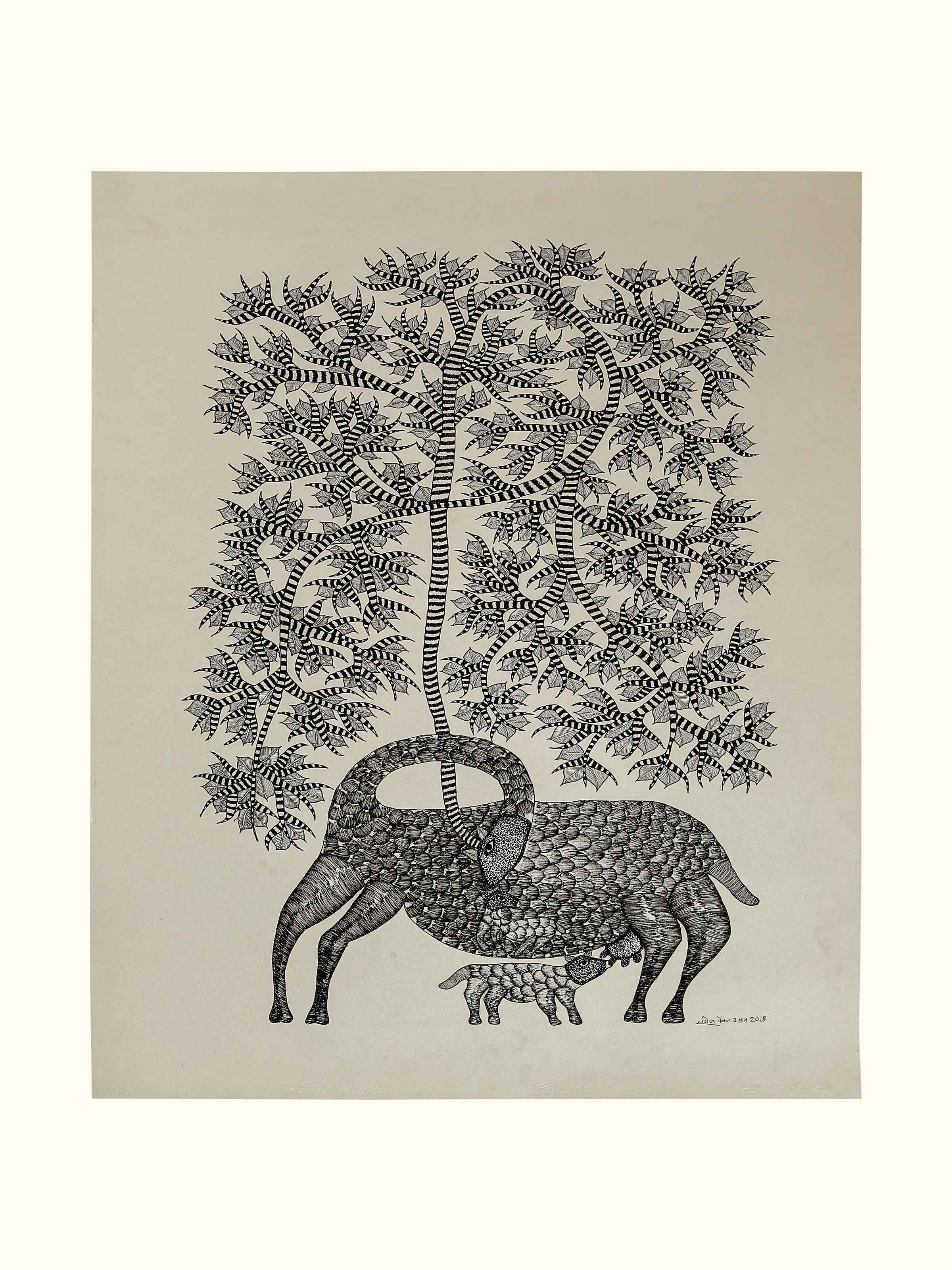 Calf Under Mother Tree Gond Art