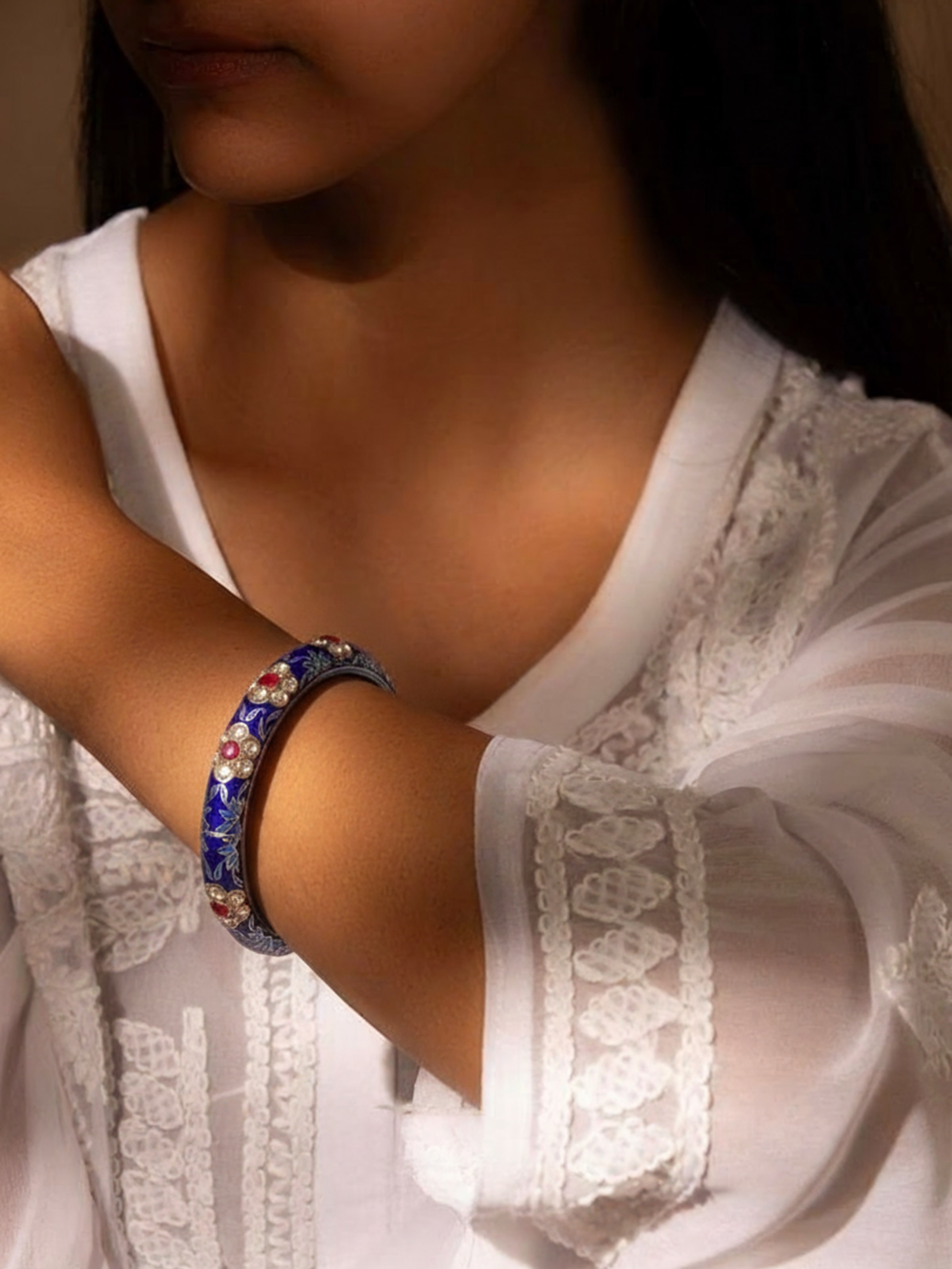 Lifestyle view of Meenakari Silver Bangle — Swadesh