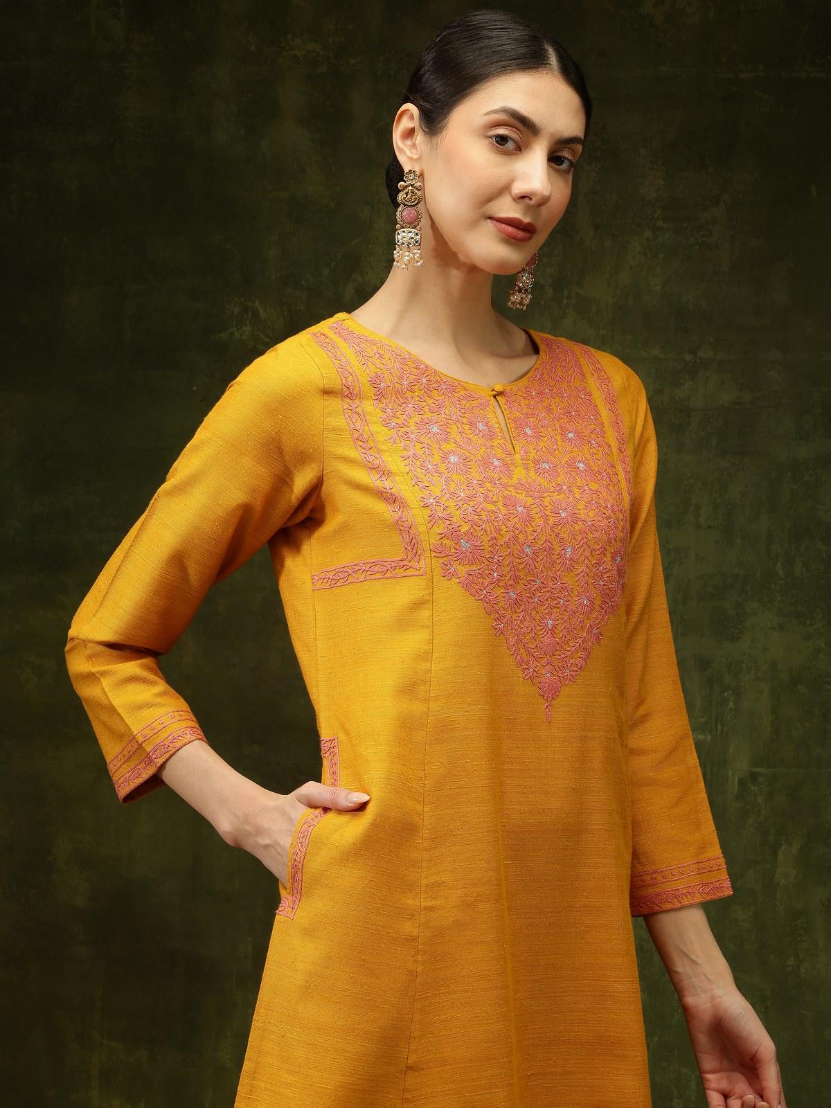 Mustard Silk Crewel Embroidered A-Line Kurta