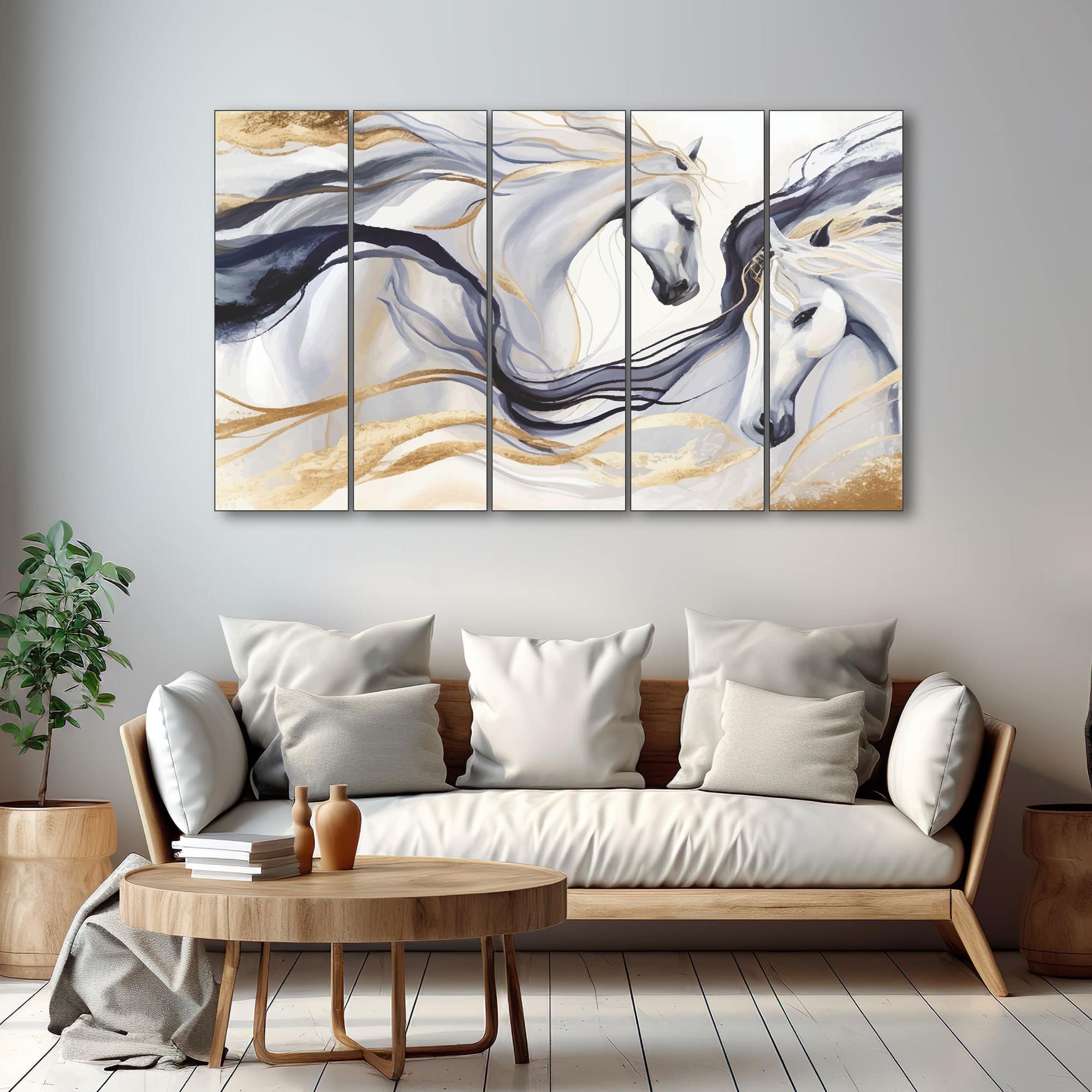 The Castle Decor Modern Golden Horses Wall Art Set of 5 27x48 Inch - The Castle Decor