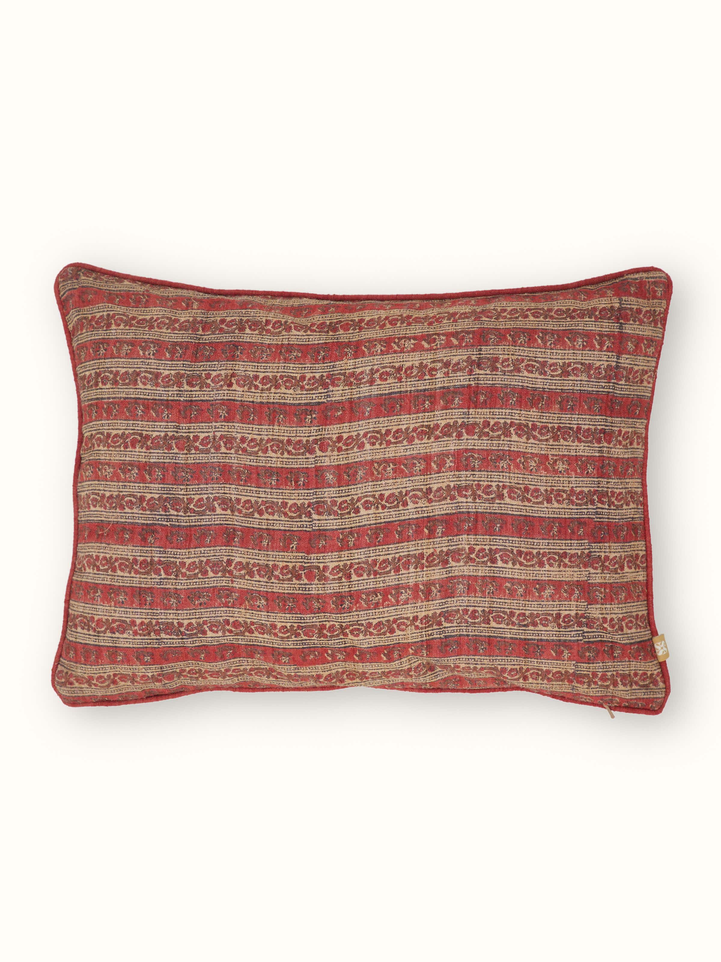 Vasudha Rust Paisley Tussar Silk Bagru Hand Block Print Cushion Cover