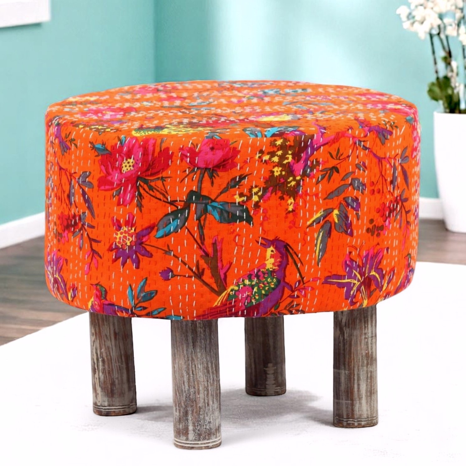 Collio Solid Wood Ottoman Pouffee in Bird Print Orange Ethnic Kantha fabric - Ikiriya