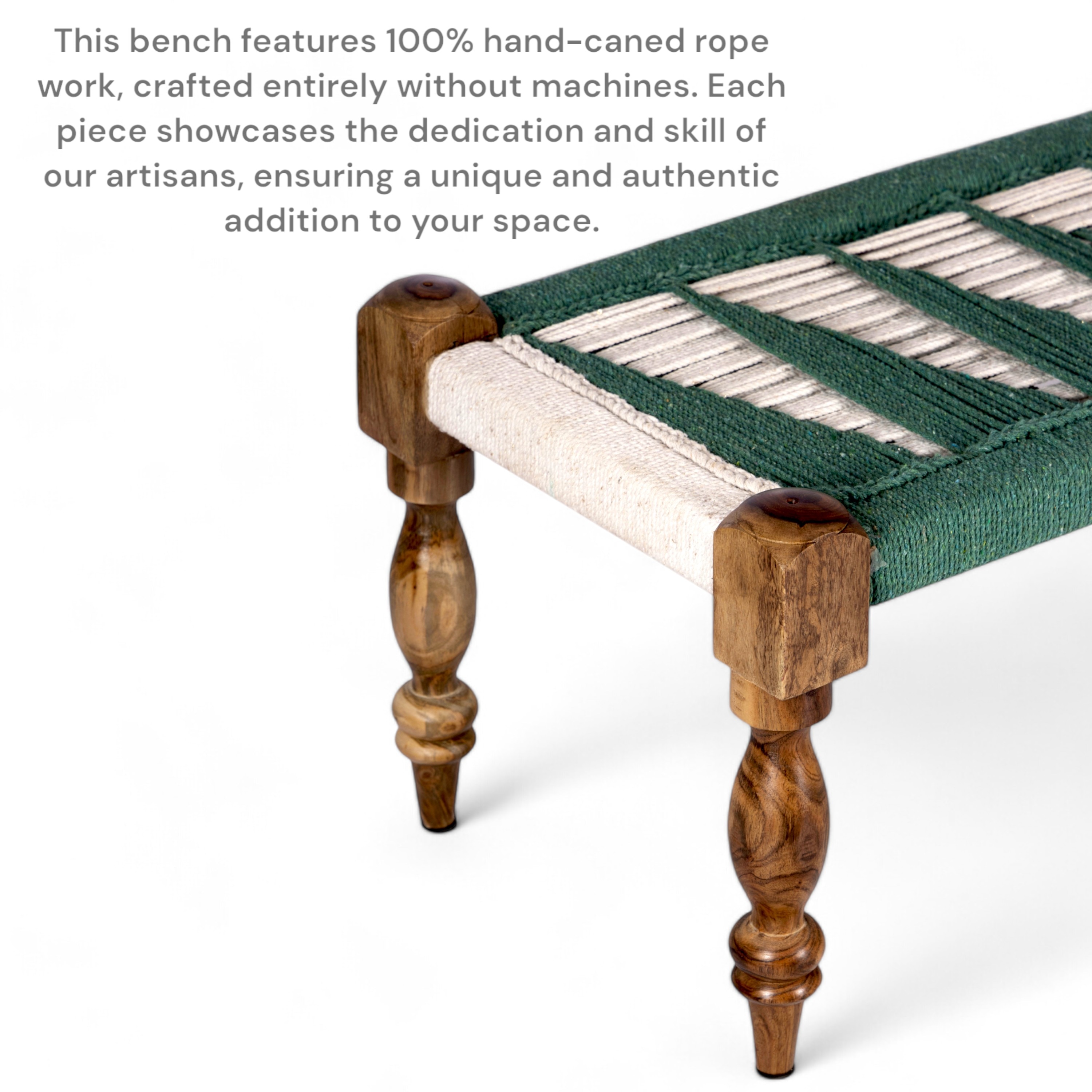 Oakville Sheesham Wood 2 Seater Maachi Bench In Green & White Rope Canning