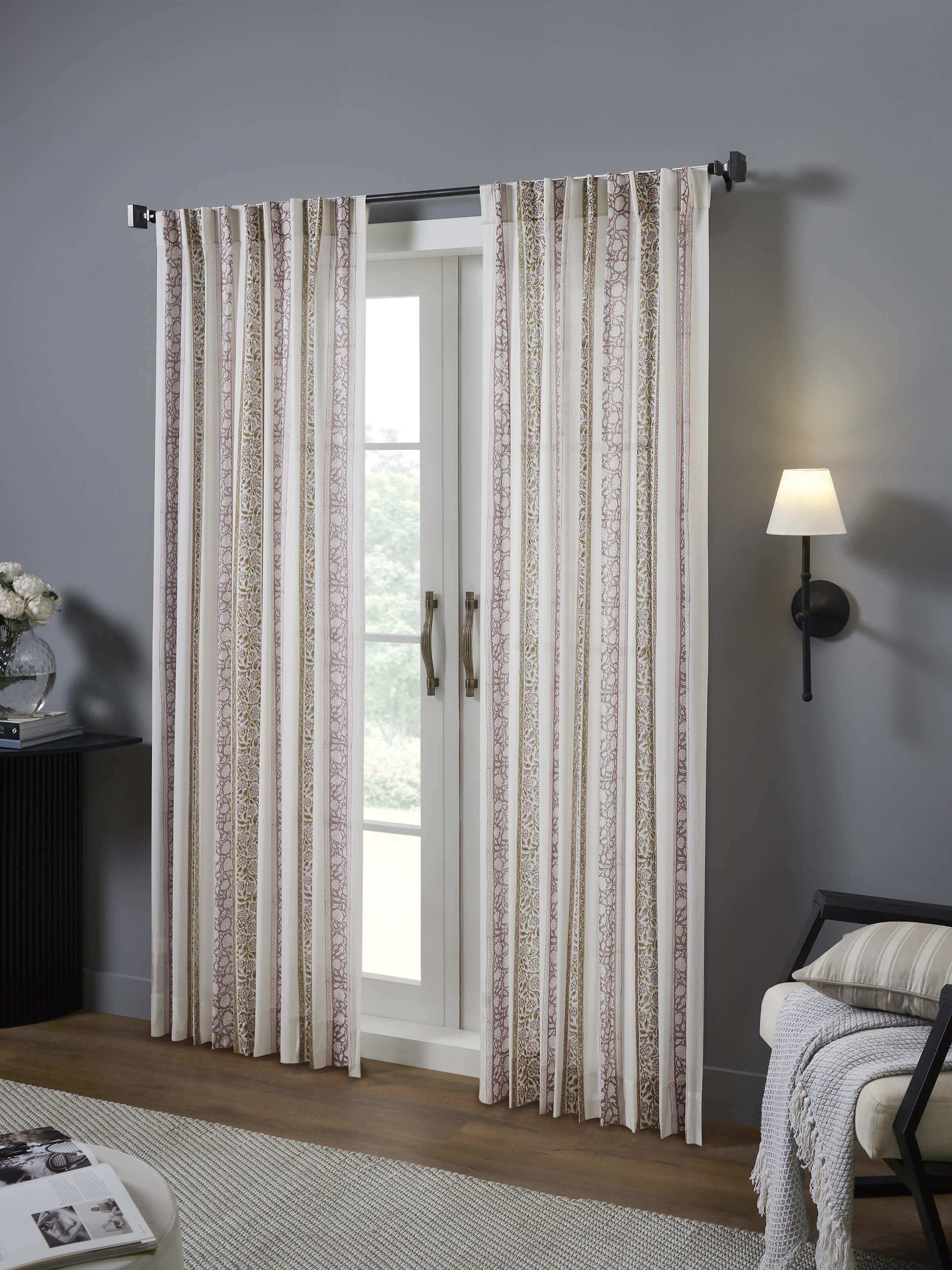 Saha Lavender Floral Border Cotton Sanganeri Hand Block Printed Curtain (7 Ft)