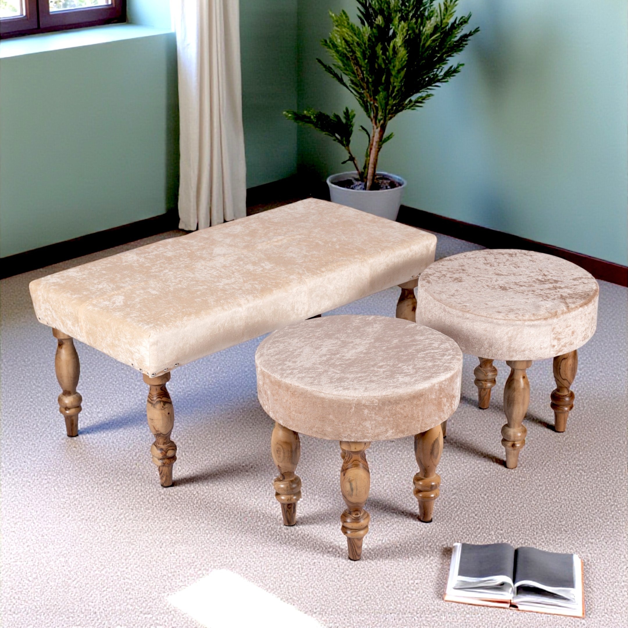 Bestone Sheesham Wood Accent 2+1+1 Seater Bench Set With 2 Stools In Beige Sparkle Velvet