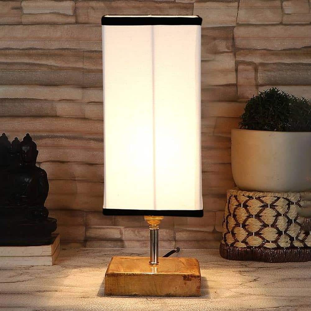 Eulalie white & black cotton table lamp with Square Natural Wood Base