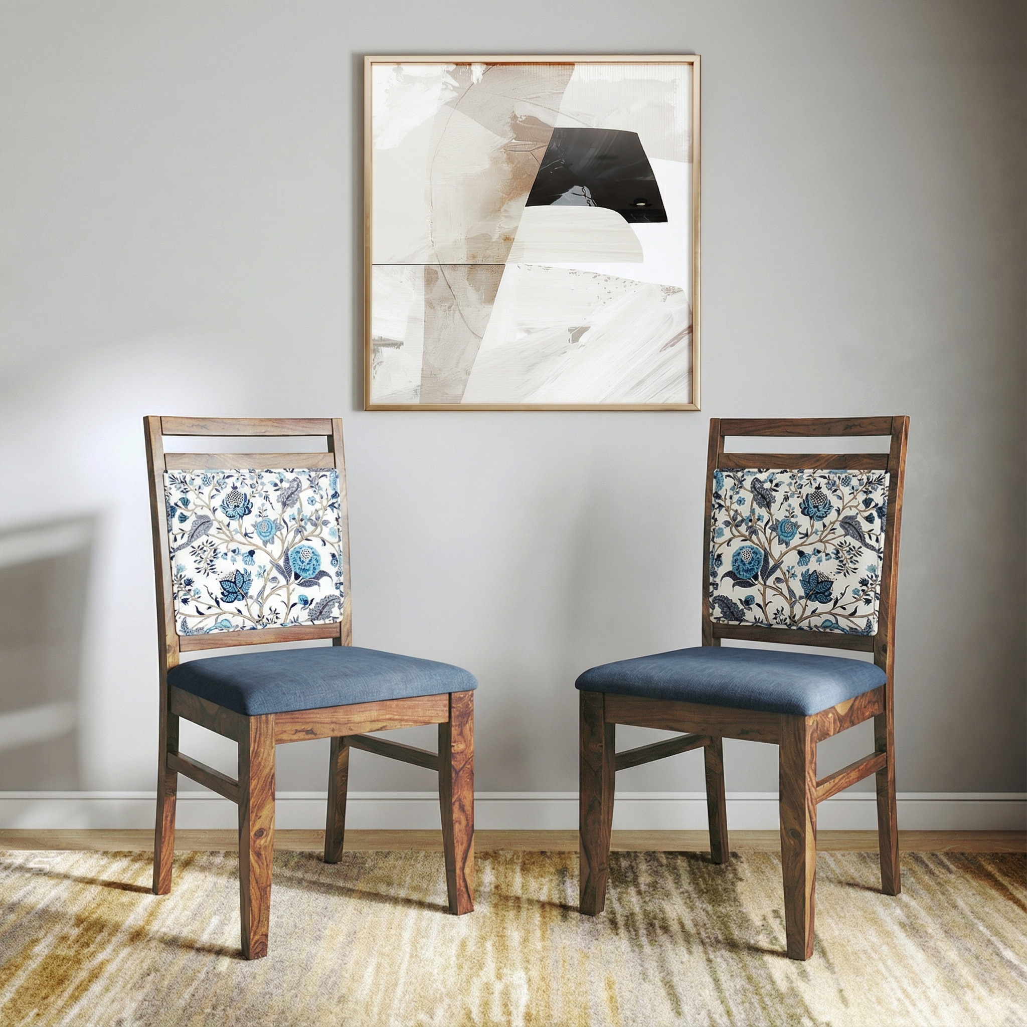 Alaine Dining Chair in Calico Indigo Colour and Base in Midnight Indigo Blue with Teak Finish