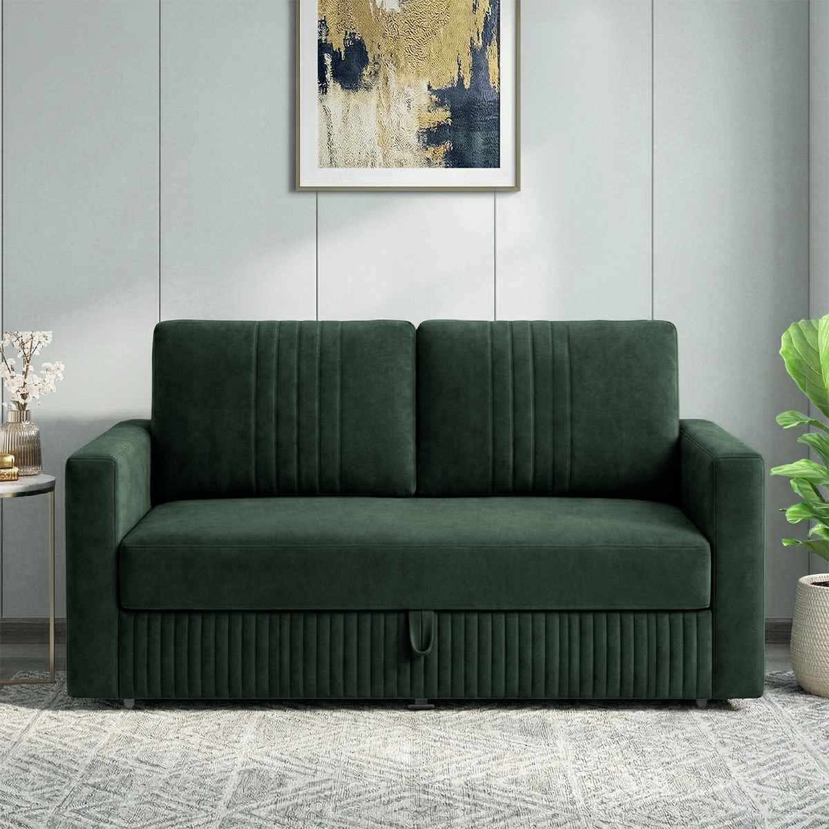 Alfon 2 Seater Velvet Pull Out Sofa Cum Bed with Storage In Green - Home Lifestylez