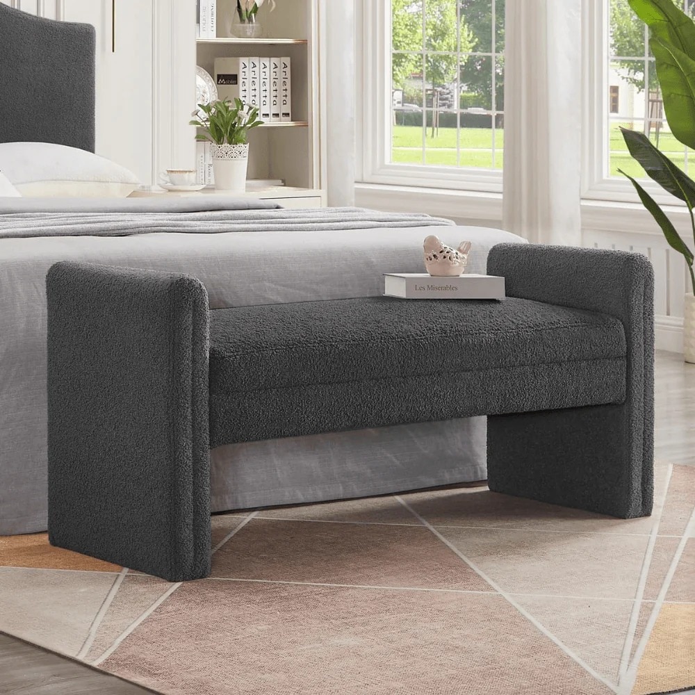 Wooden Twist Soft Hropzy Boucle Upholstered Armrest Ottoman Bench in Dark Grey Colour