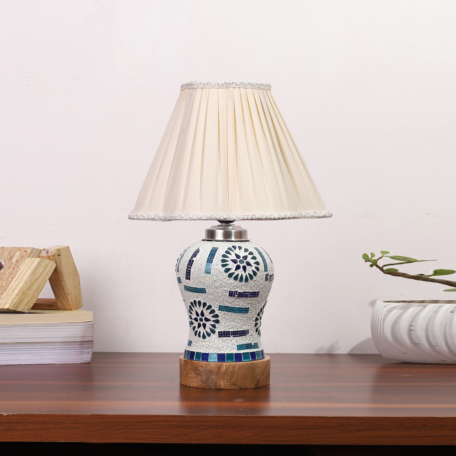 Devansh Off-White Vintage  Cotton Pleated Shade Lamp With Wood & Mosaic Glass Base For Decoration/Office/Home/Gifting/Study For Decoration/Office/Home/Gifting/Study