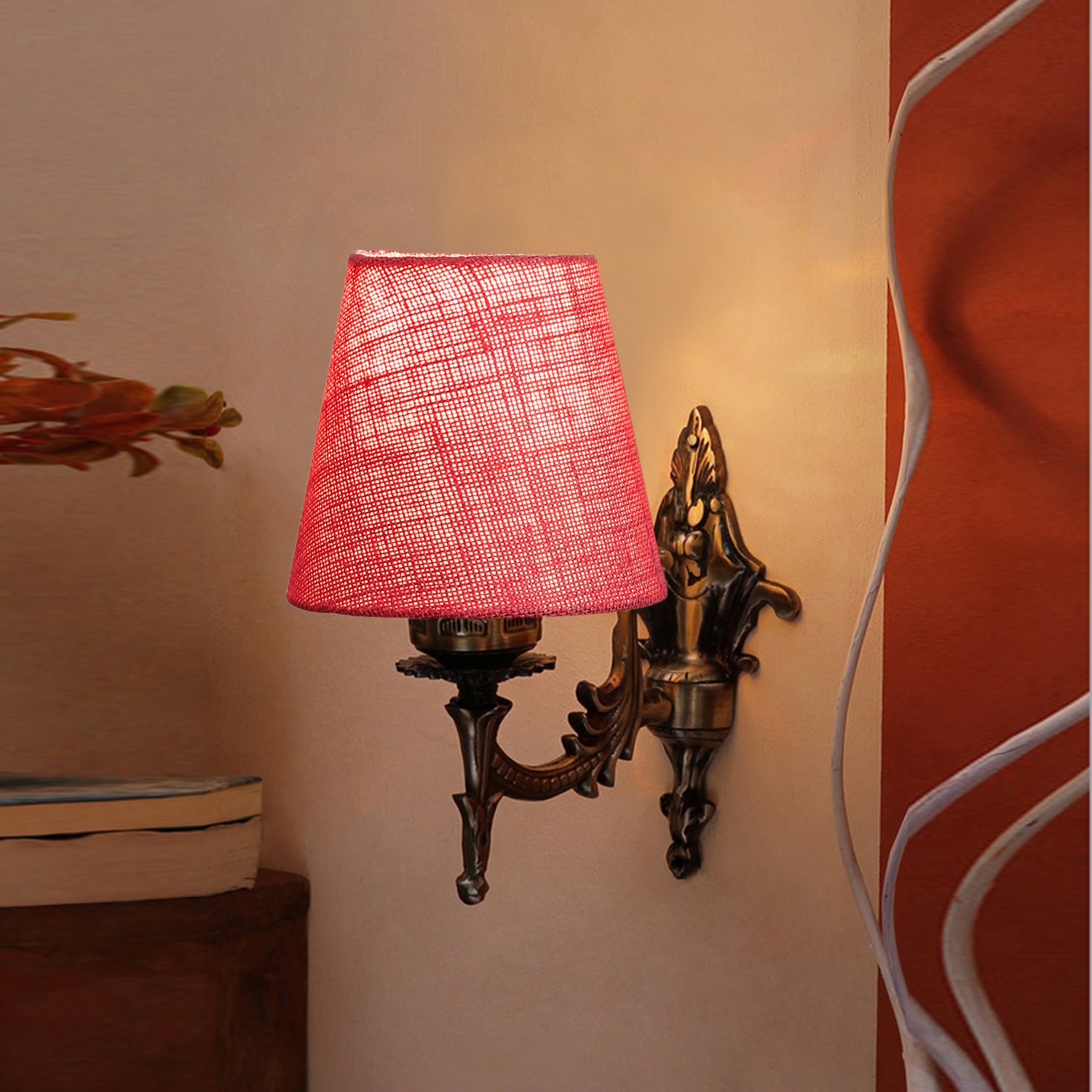 Devansh Metal Electric Wall Light in Antique Gold Colour with Pink Shade Count of 1 Light - Devansh