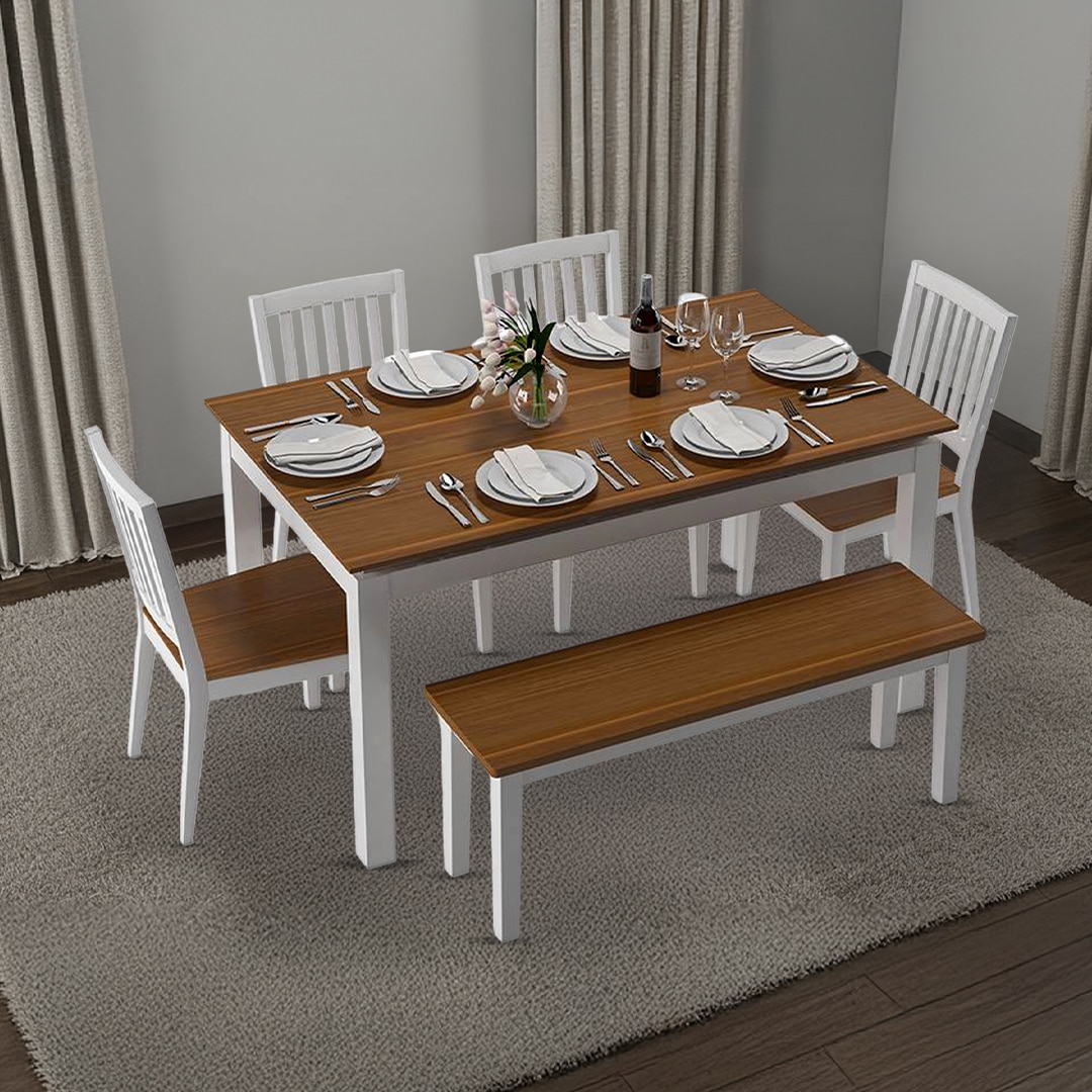 Diner 6 Seater Dining Table Set (With Bench) (Finish- Golden Oak)