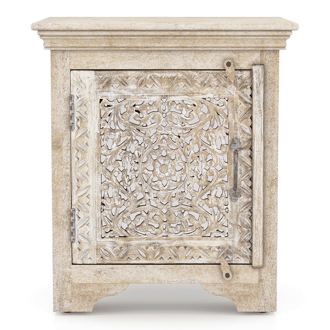 Anokhi Solid Wood Bedside Table In Rustic White Finish