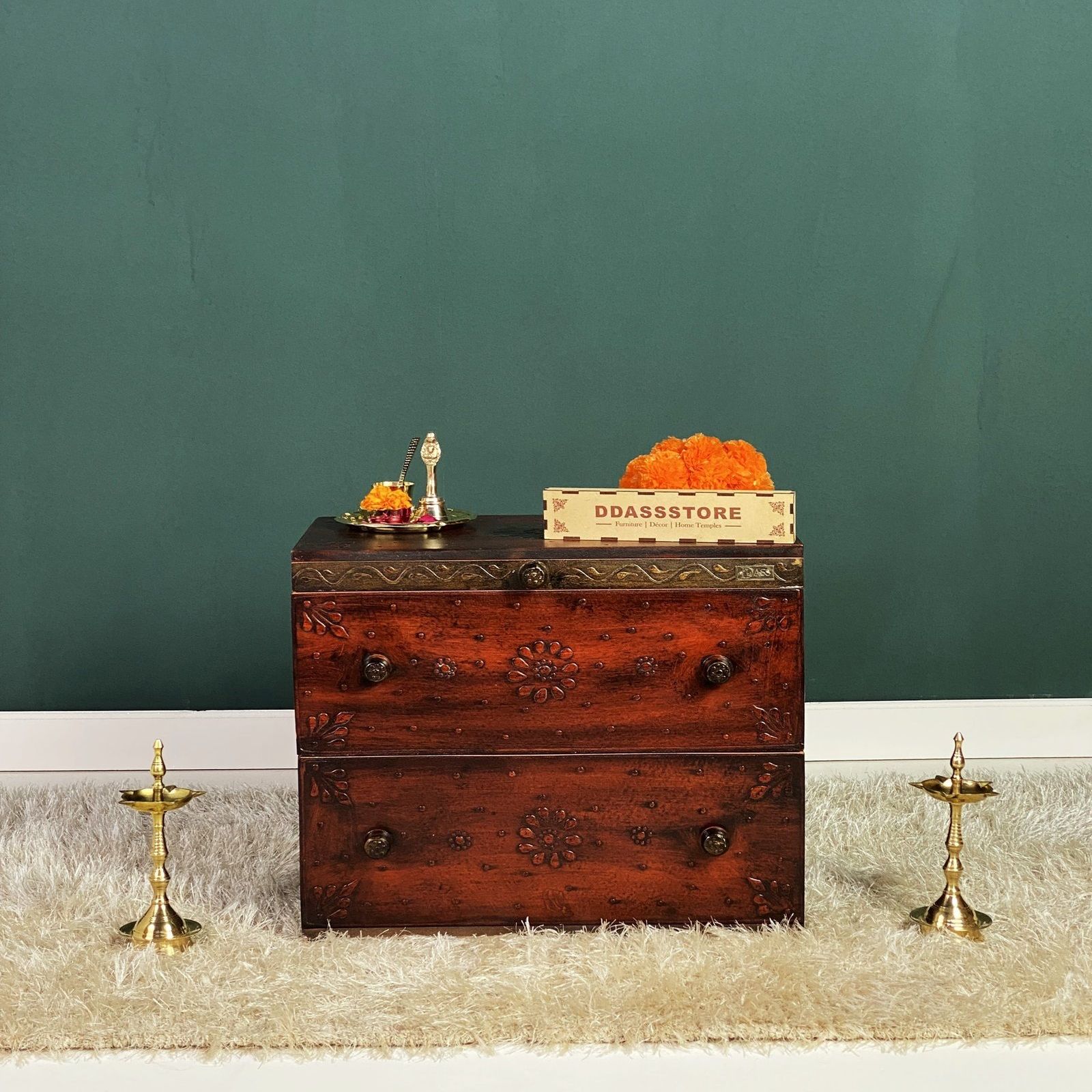 D'Dass Multi Color Mdf and Sheesham Wooden Temple With Cabinet For Pooja - D'DASS