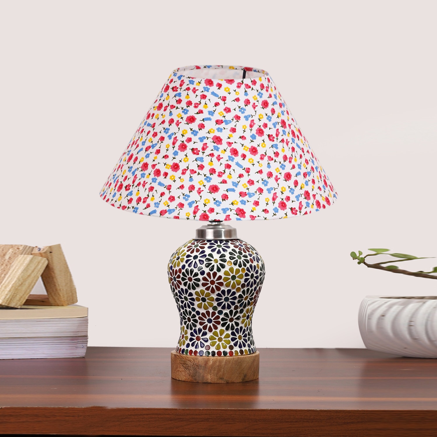 Devansh Conical Multi Cotton Shade Lamp With Wood & Mosaic Glass Base For Decoration/Office/Home/Gifting/Study For Decoration/Office/Home/Gifting/Study -(10X10X14.5) Inches -A