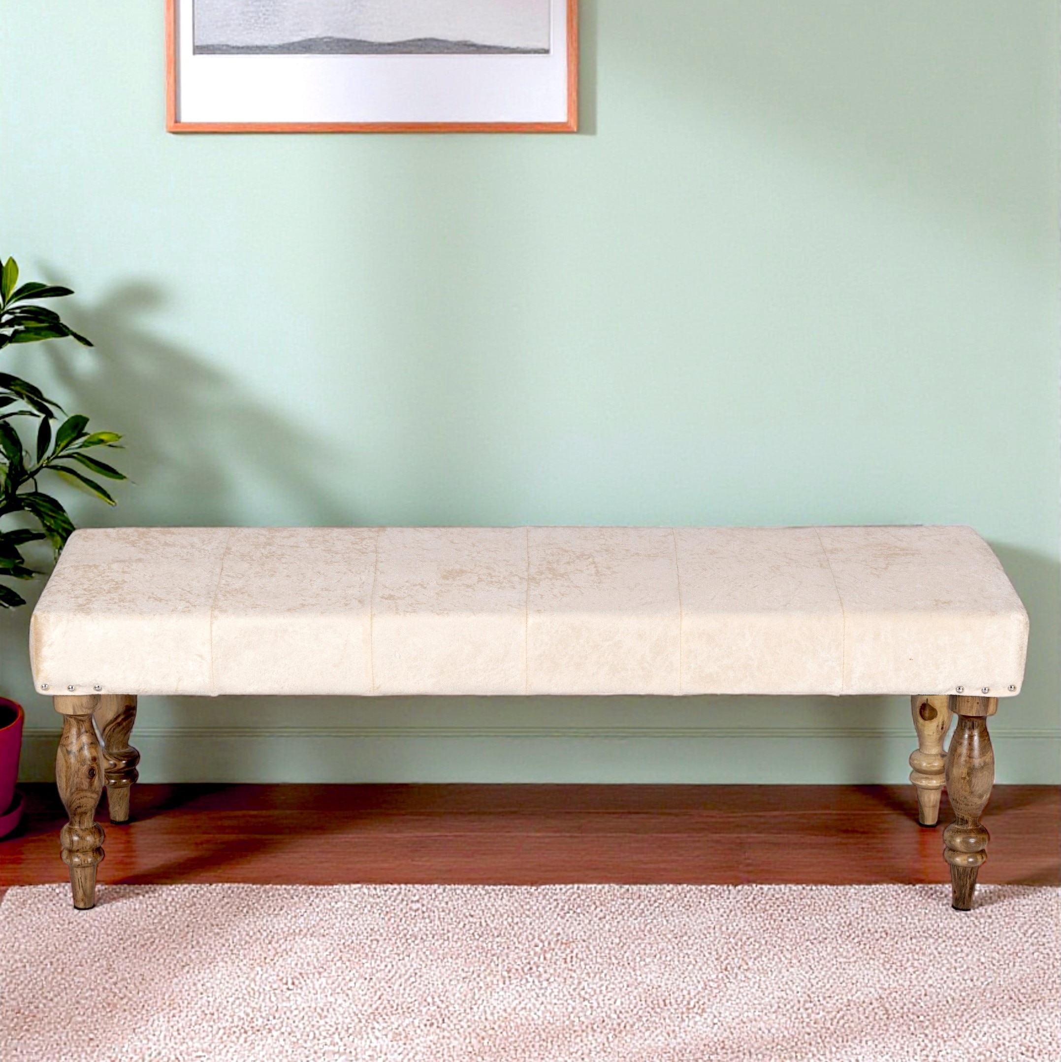 Cairo Soild Wood Bench In Velvet Cream Fabric