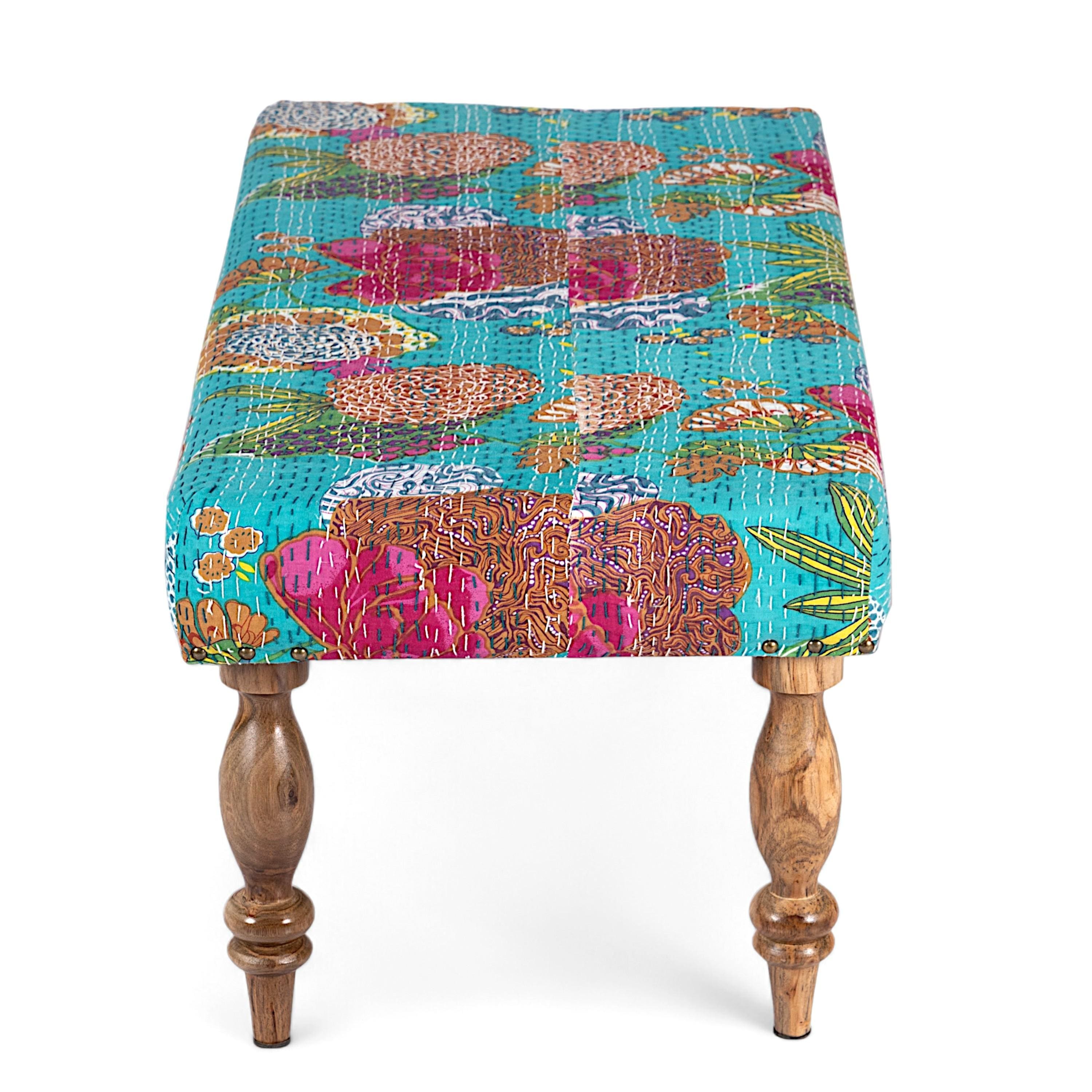 Bestone Solid Wood Bench In Floral Print Green Kantha Fabric