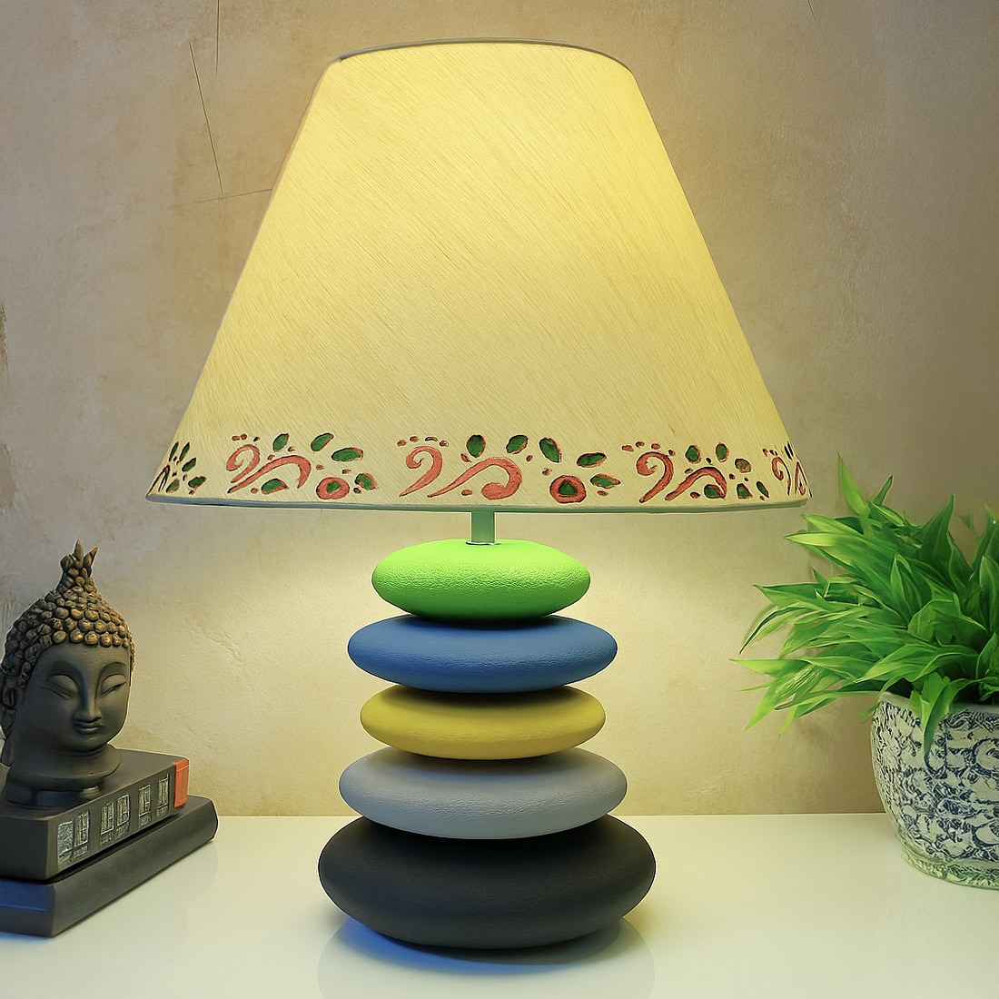 Pebble Classic Green Yellow Blend Wooden Table Lamp in Multicolor