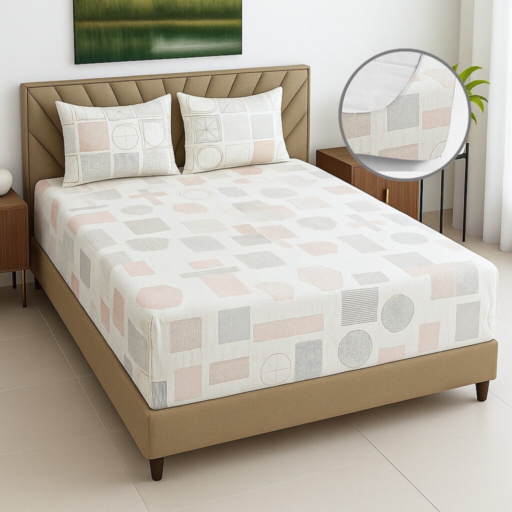 White Geometric 400 TC Cotton Fitted Super King Bed Size Bedsheet With 2 Pilllow Covers Threads
