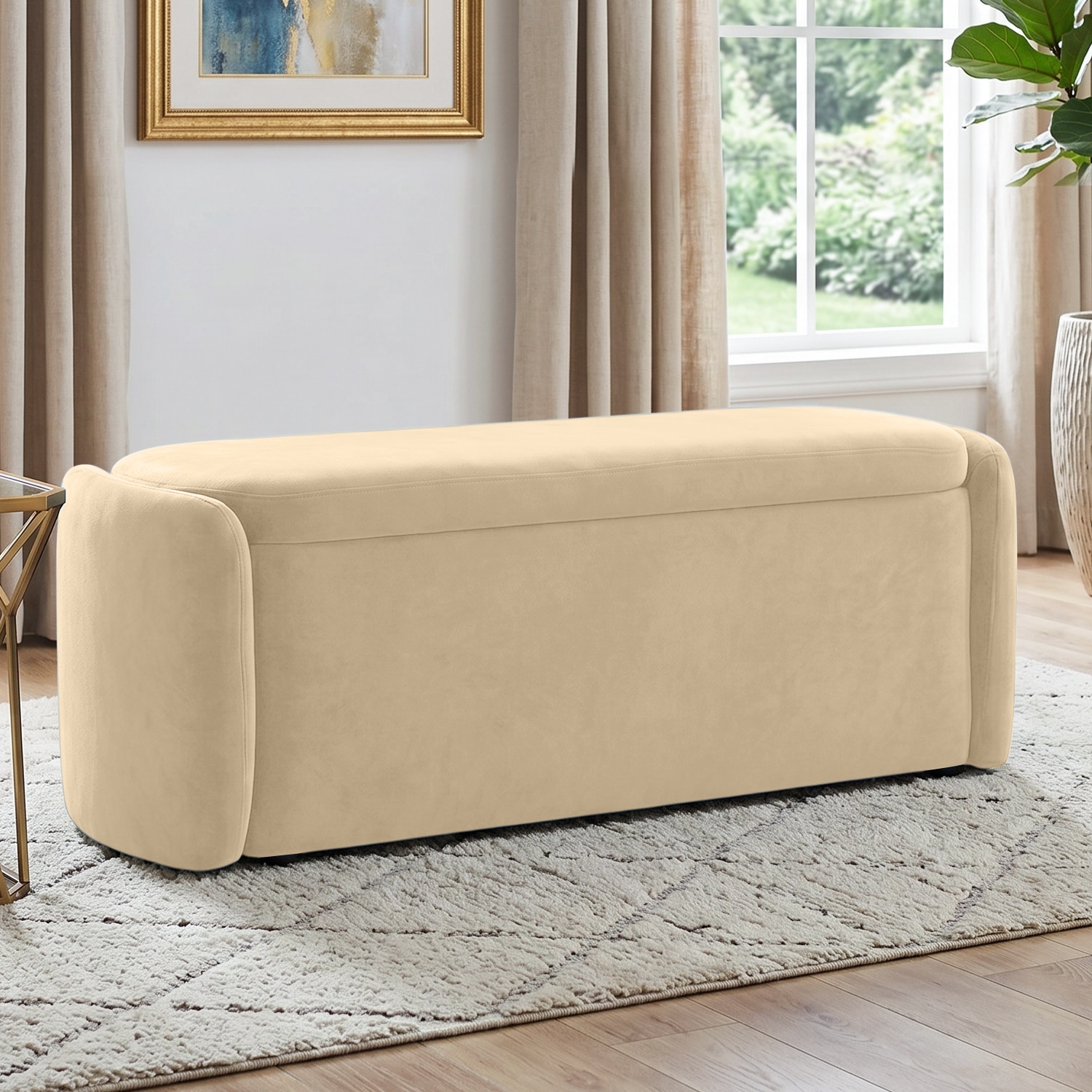 Risibol  Velvet 2 Seater Ottoman Bench with Storage  in Cream  Color - Home Lifestylez