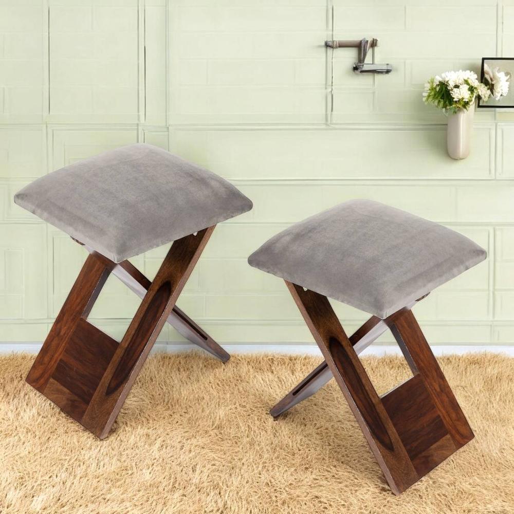 Dayton Sheesham Wood Accent Square Set of 2   Stools in Grey Cotton Velvet Upholstery