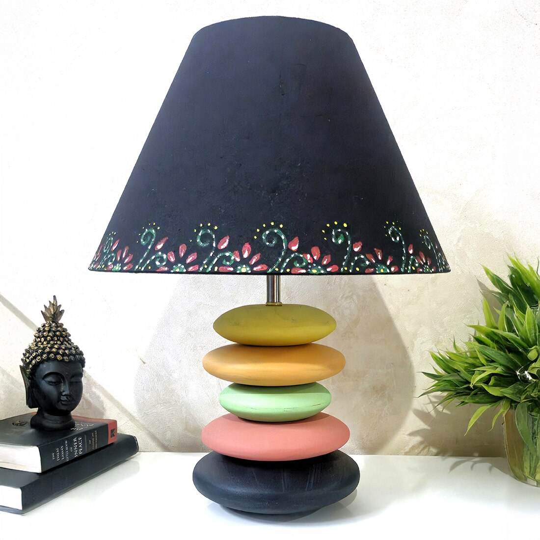 Multicolour Handpainted And Hancarved Distress Wooden Stone Finish Table Lamp