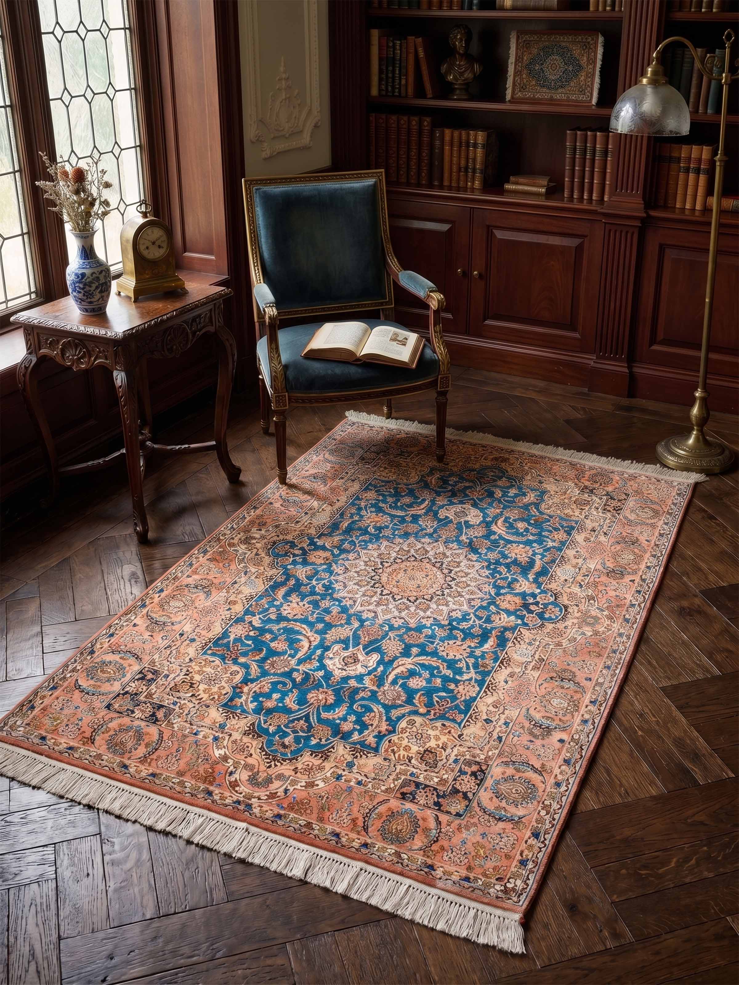 Traditional Persian Teal Rust Kashan Kashmir Silk Hand-Knotted Carpet