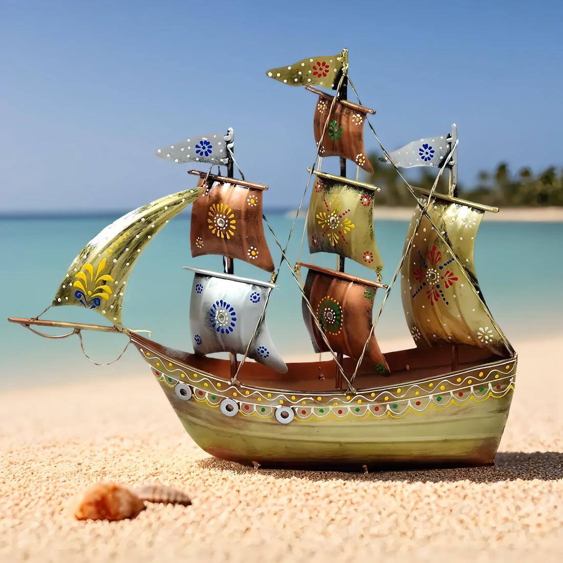 Desert Art Metal Handpainted Golden Ship Showpiece - Desert Art