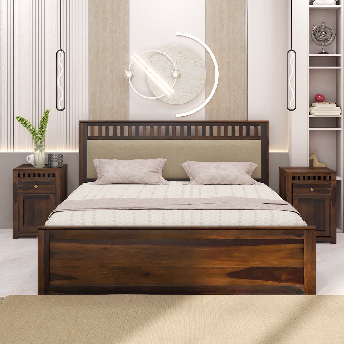 Vrinda Solid Wood Queen Size Bed In Hydraulic Storage Bed In Provincial Teak Finish