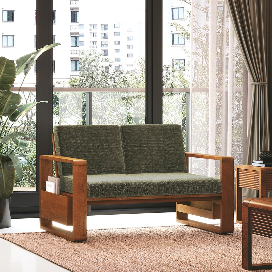 Moreno 2 Seater Solid Wood Sofa in Amber Walnut Finish and Juniper Green Fabric - Urban Ladder