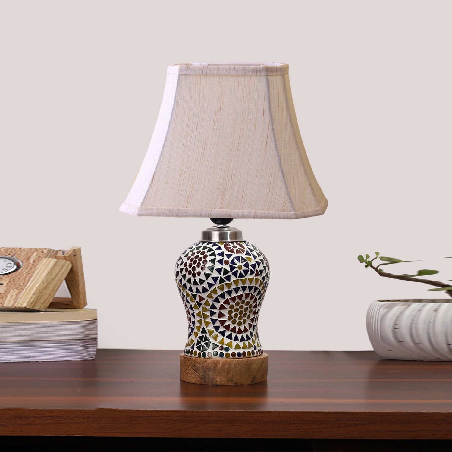 Devansh Off-White Cotton Rectangular Shade Lamp With Wood & Mosaic Glass Base For Decoration/Office/Home/Gifting/Study For Decoration/Office/Home/Gifting/Study