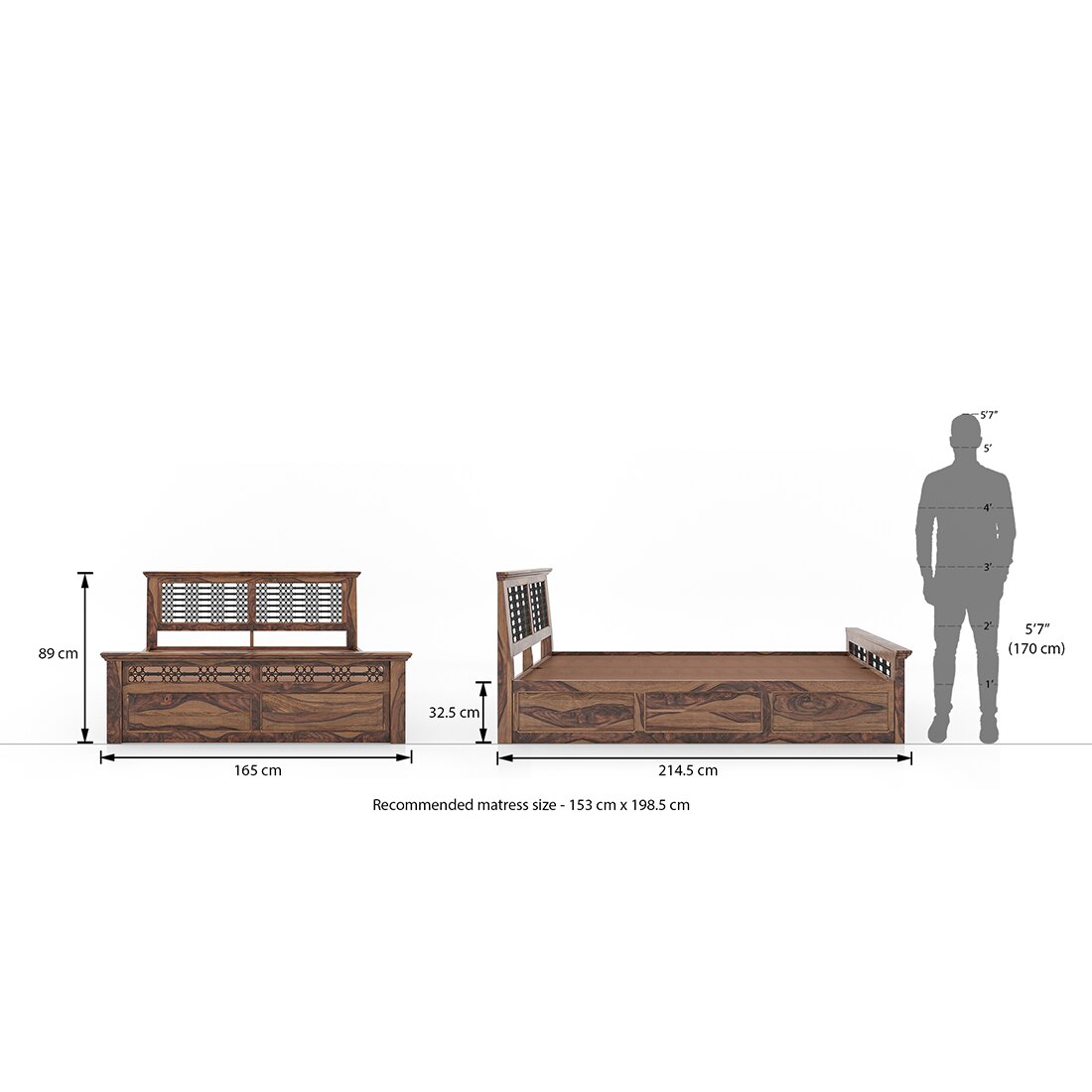 Bunai Solid Wood Queen Size Box Storage Bed In Teak Finish
