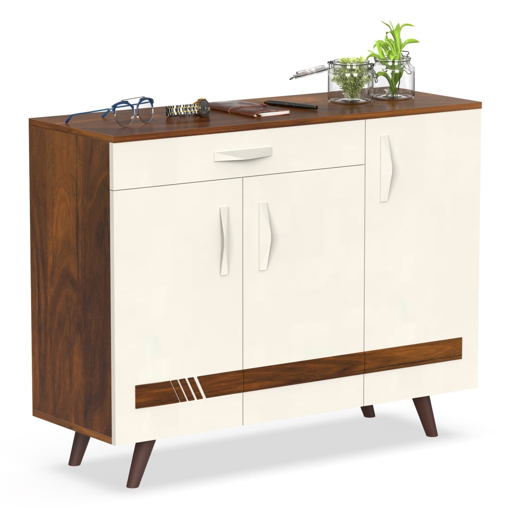 Kaspen Engineered Wood Wood Dual Tone 3 Doors Shoe Rack Cabinet Slipper Footwear Stand Organizer with Drawer can Store Up to 16 Pairs for Home (Brown Maple & Frosty)