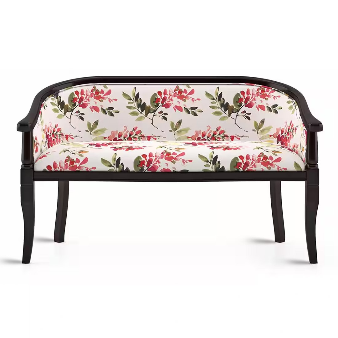 Florence Loveseat 2 Seater In Mahogany Finish With Caramine Cassia Red Floral Print Colour