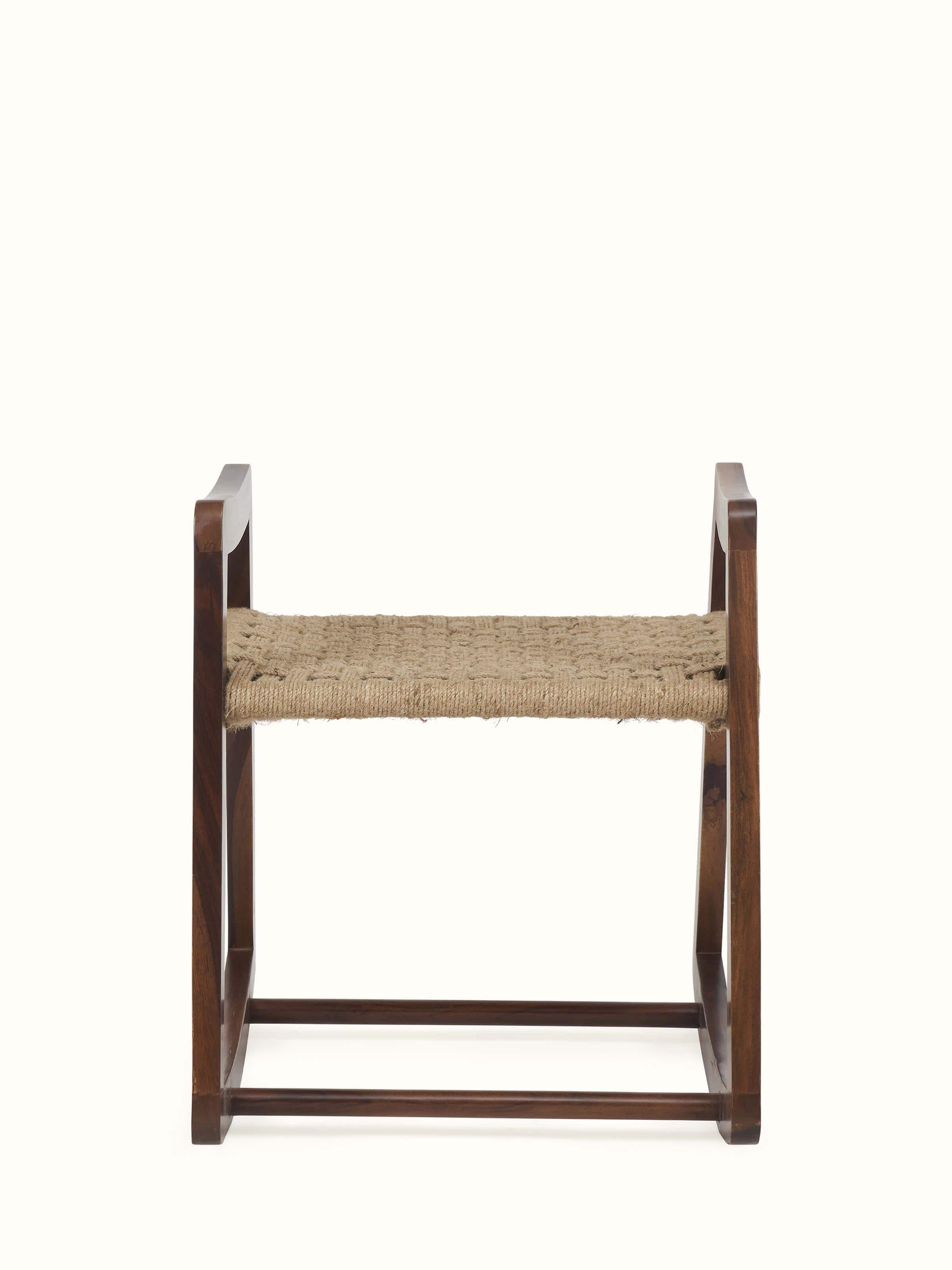 Front view of Swadesh Sheesham Wood Jute Woven Stool showcasing solid wood structure and jute woven seat design