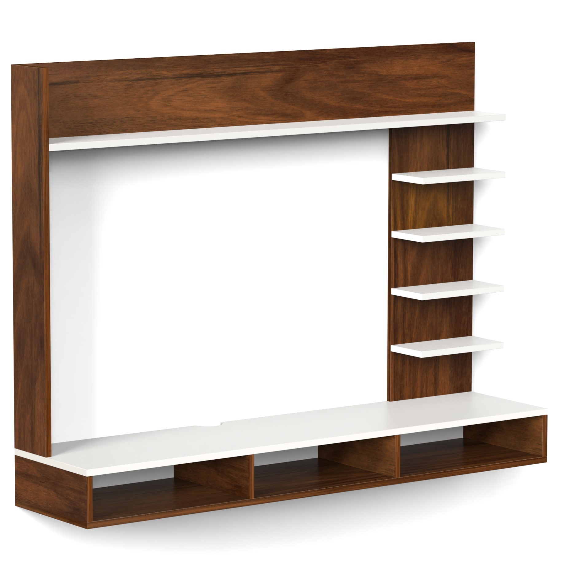 BLUEWUD Primax Grande Standard Engineering Wood Wall Mount TV Entertainment Unit Set Top Box Stand/TV Cabinet Panel with Shelves for Books & D�cor Display Unit, Ideal for 42" (Brown Maple & White)