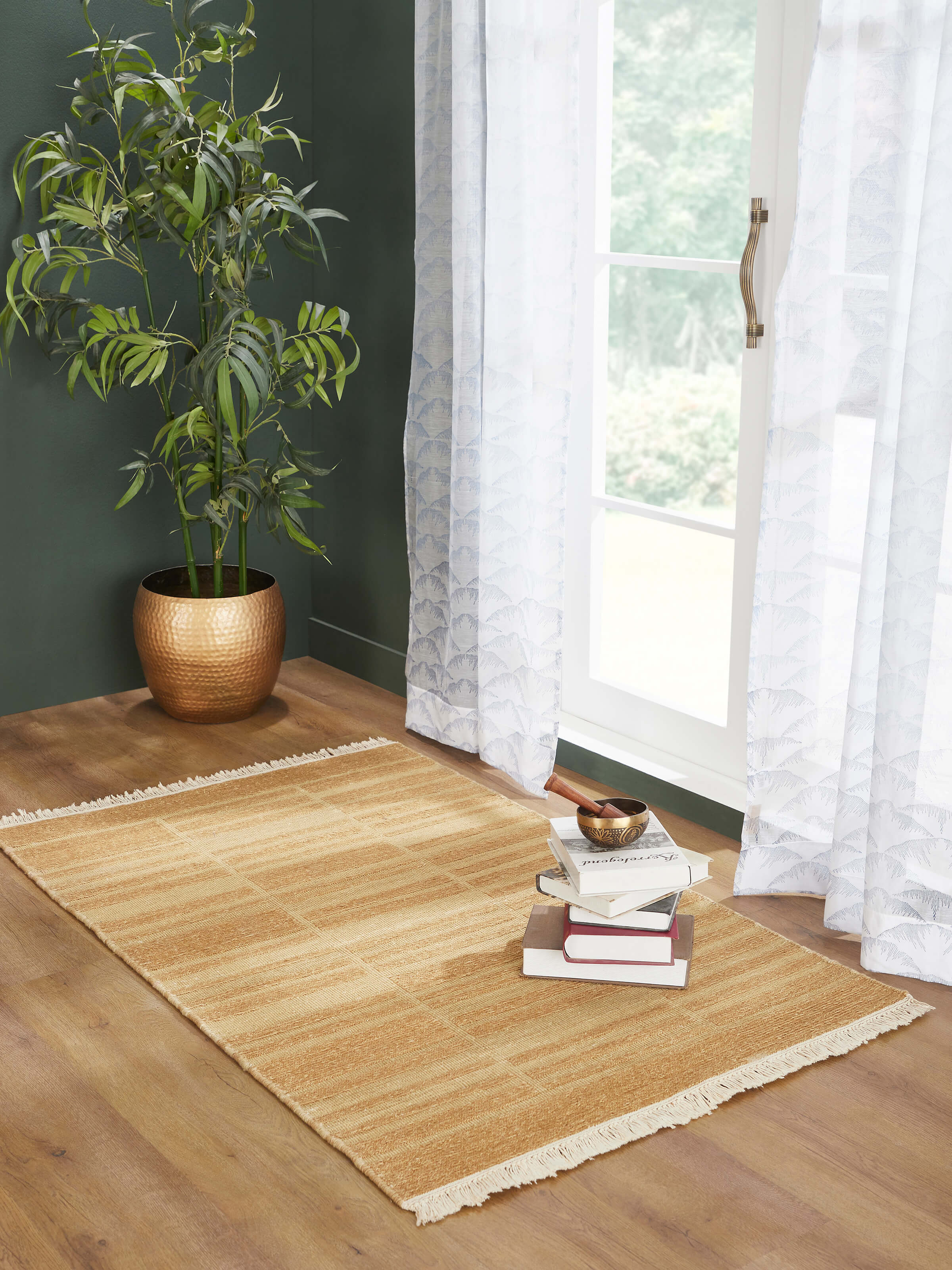Room setup featuring Beige Wool Dhurrie, showcasing its solid pattern and versatile decor use.