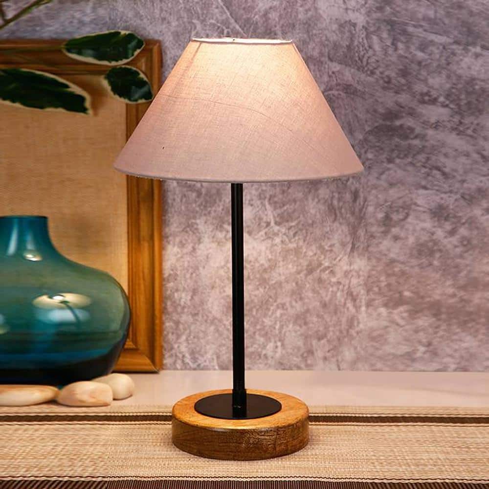 Jeffery Grey Fabric Shade Table Lamp with Natural Wood & Iron Base