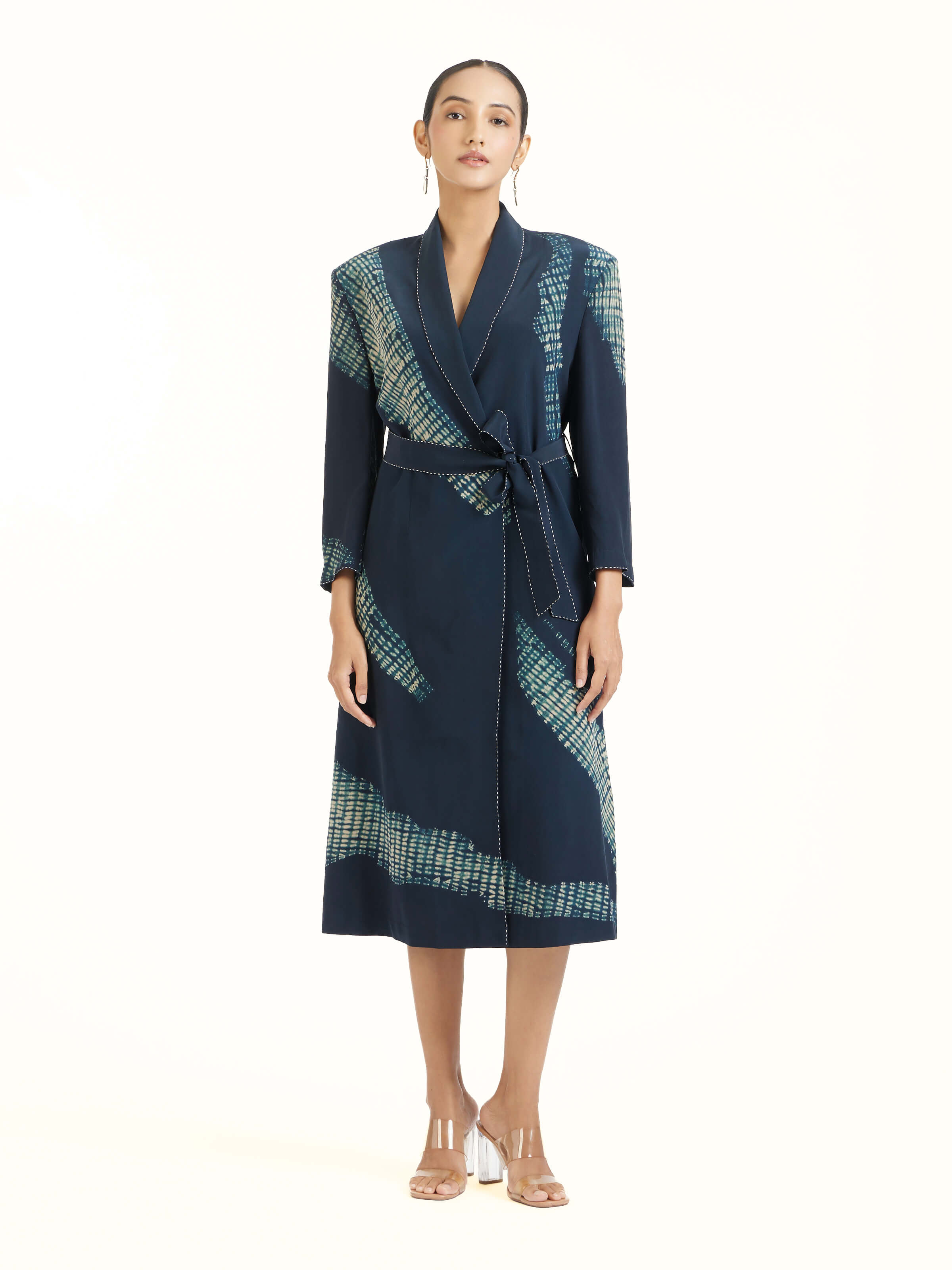 Front view of blue shibori jacket dress with contemporary silhouette