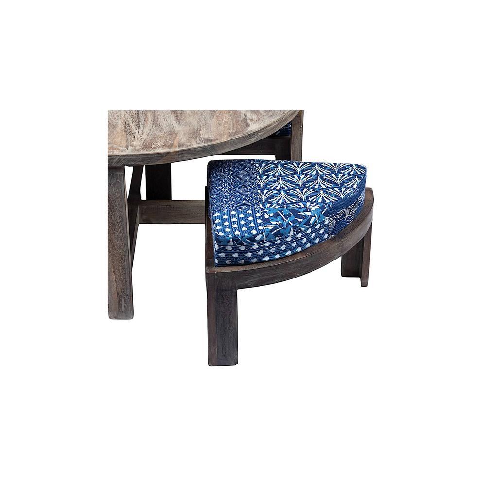 Nashville Sheesham Wood 4 Seater Coffee Table Set In Antique Grey Finish Indigo Patch Kantha Cushion