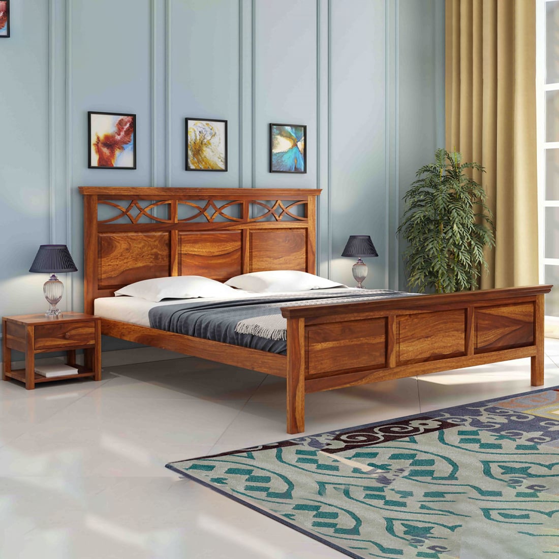 Tulsi Solid Wood King  Size Upholstered Bed Without Storage (Teak Finish) - Woodenmood