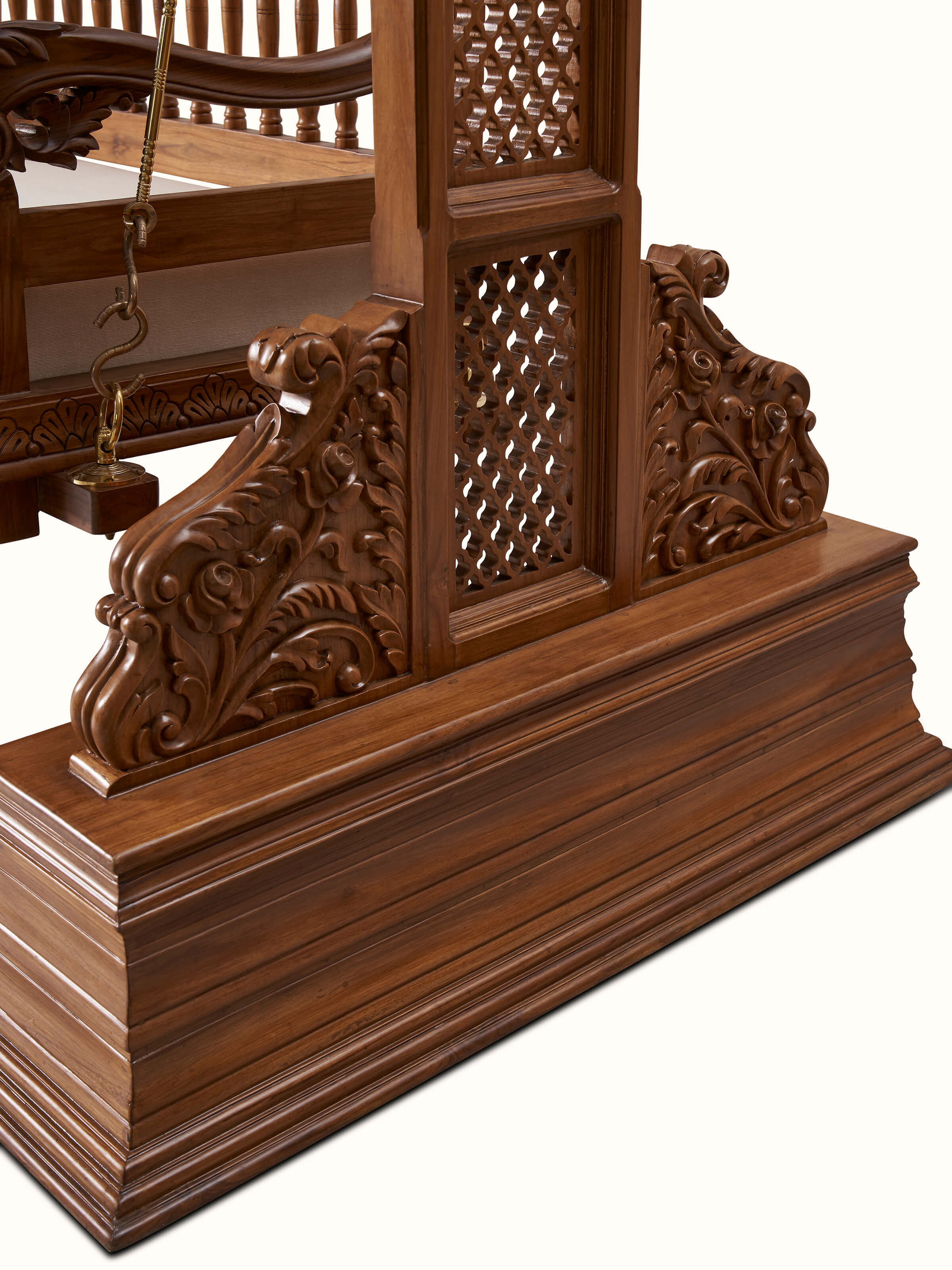 Rear view of the upholstered Sheesham wood 2-seater swing, highlighting the sturdy wood construction and design