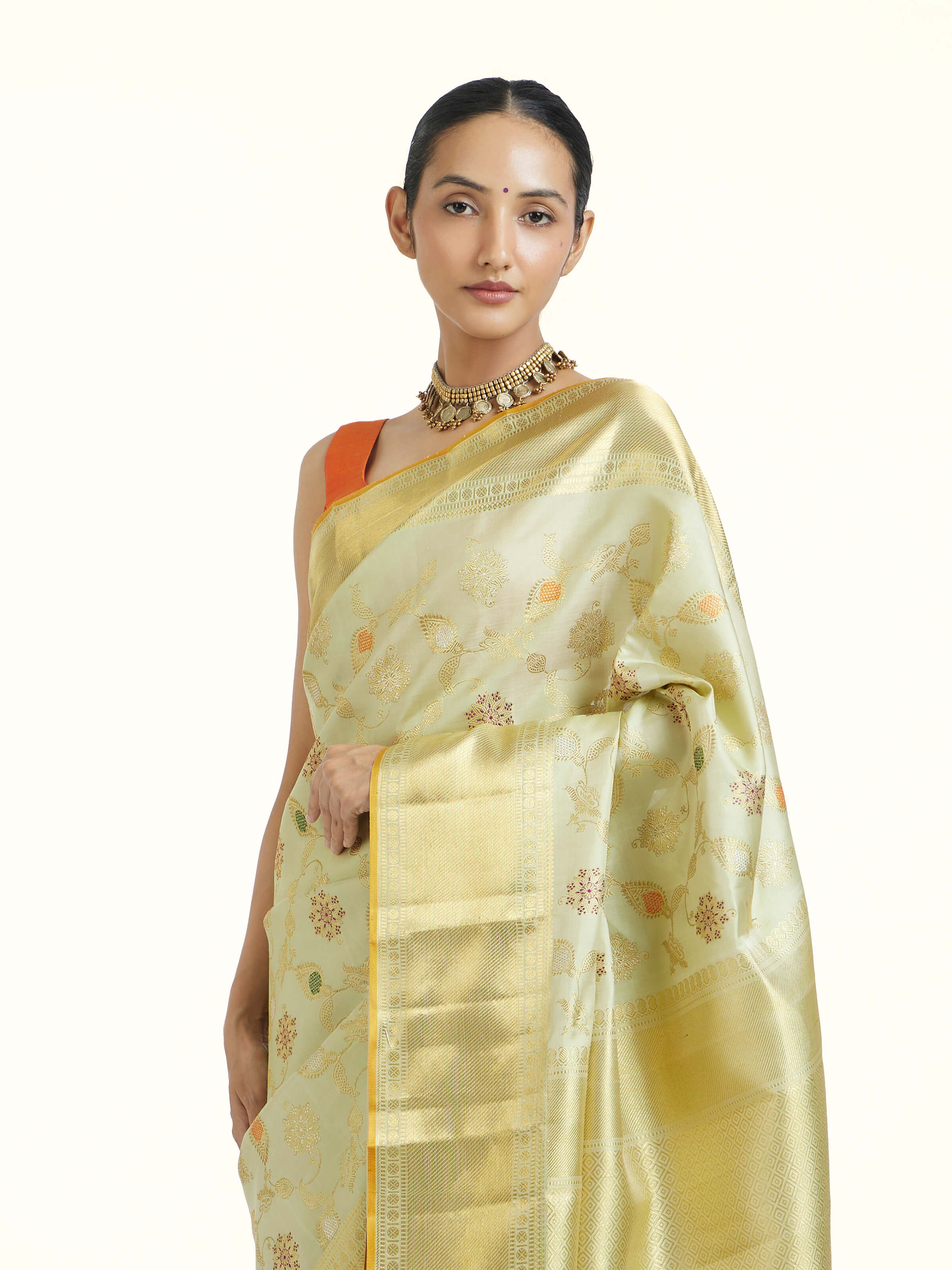 Beige Kancheepuram Silk Zari Saree