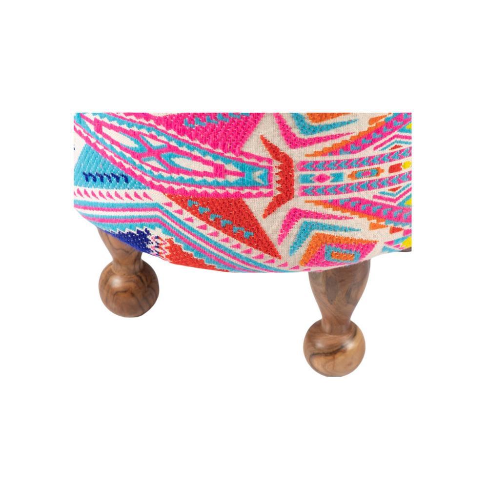 Louisville Acacia Wood Parisian Round Pouffe in Multicolour Jacquard