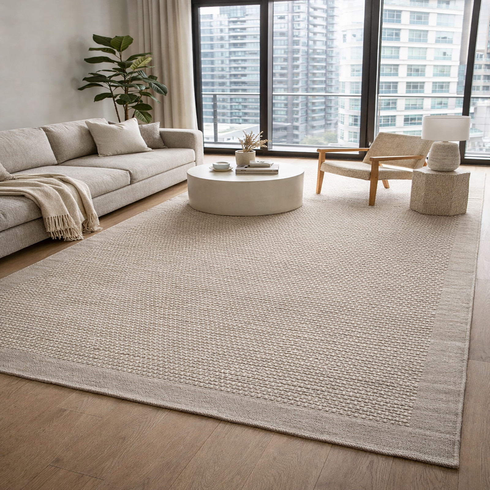 Classic Wool Rectangle Carpets Hand Knotted in Beige Colour