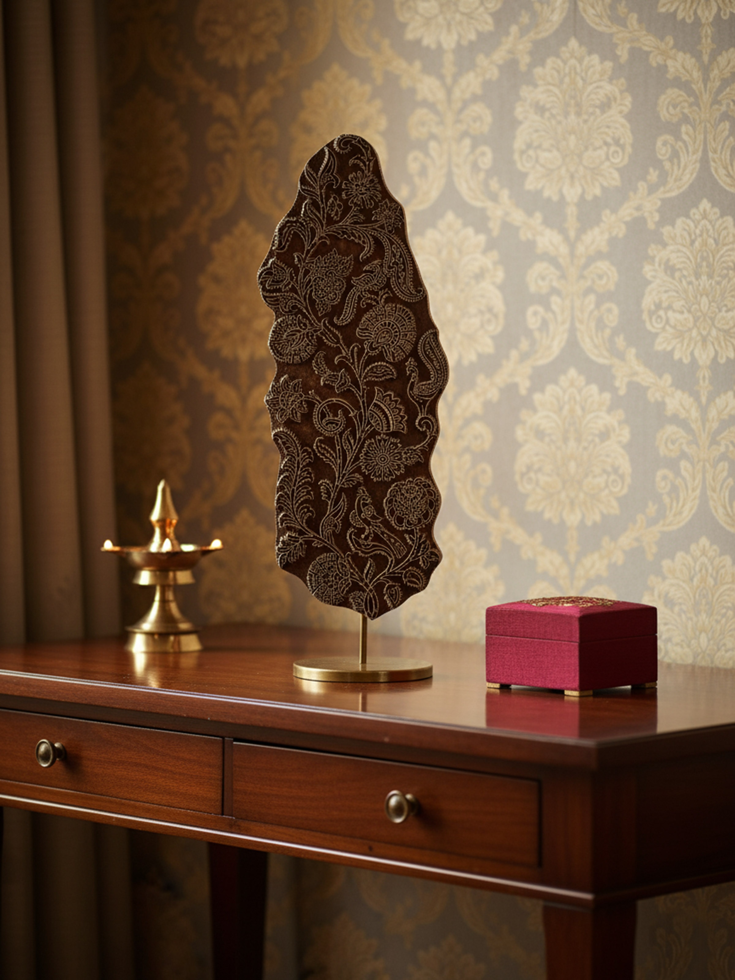 Lifestyle view of Sheesham Wood Carved Mughal Buta Wooden Block