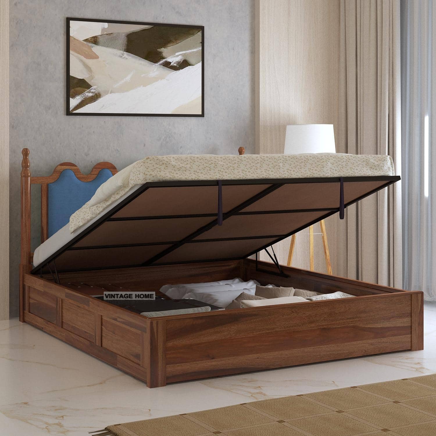 Tavora Sheesham Wood Queen Size Bed With Hydraulic Storage In Provincial Teak Finish