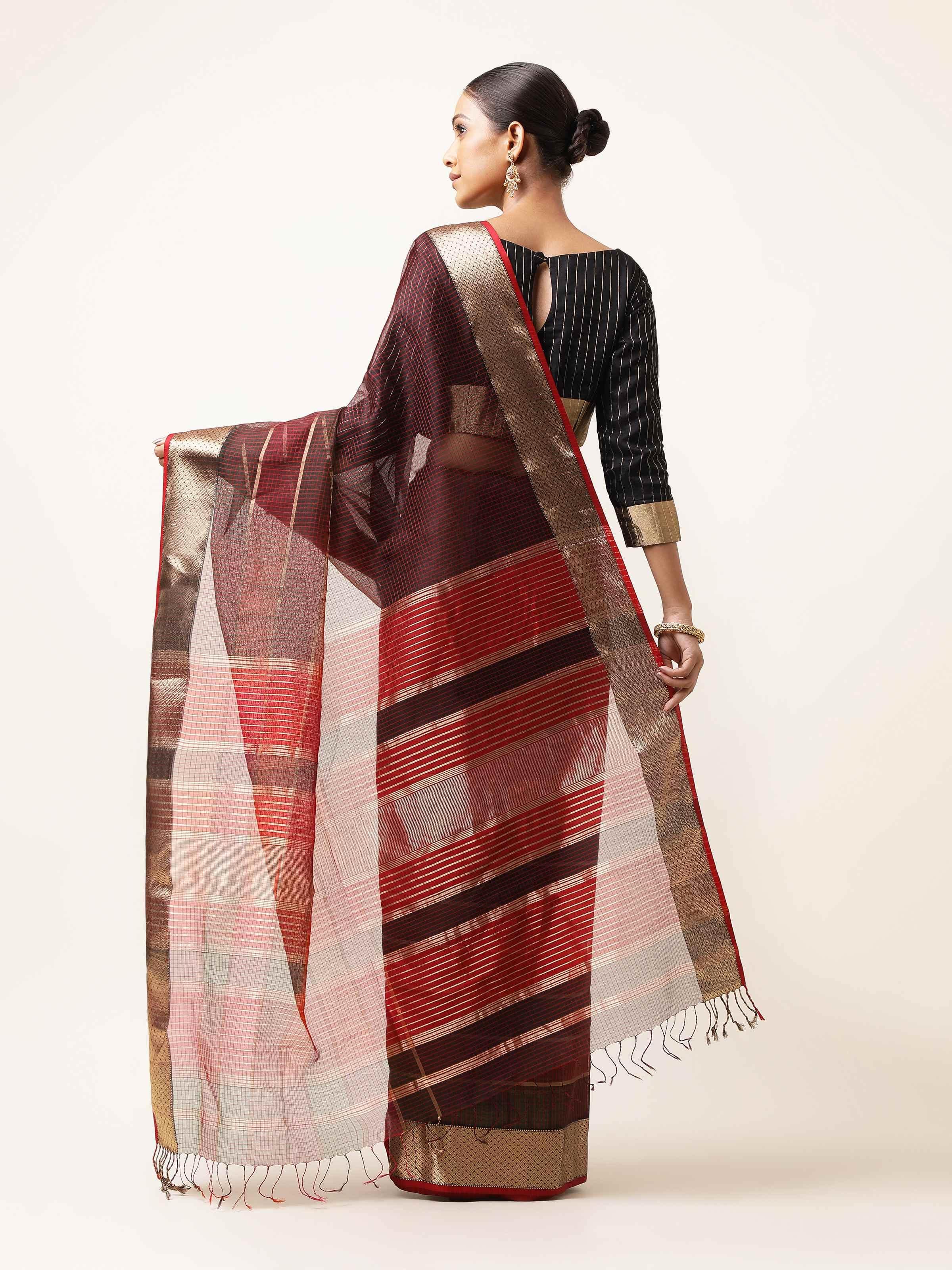 Maroon Cotton Silk Maheshwari Saree