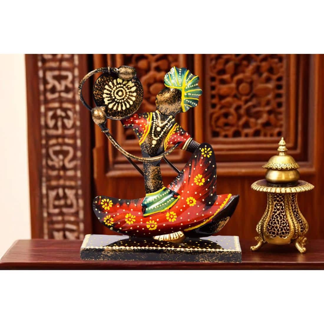 Desert Art Metal Handpainted Red Tabla Musician Showpiece - Desert Art