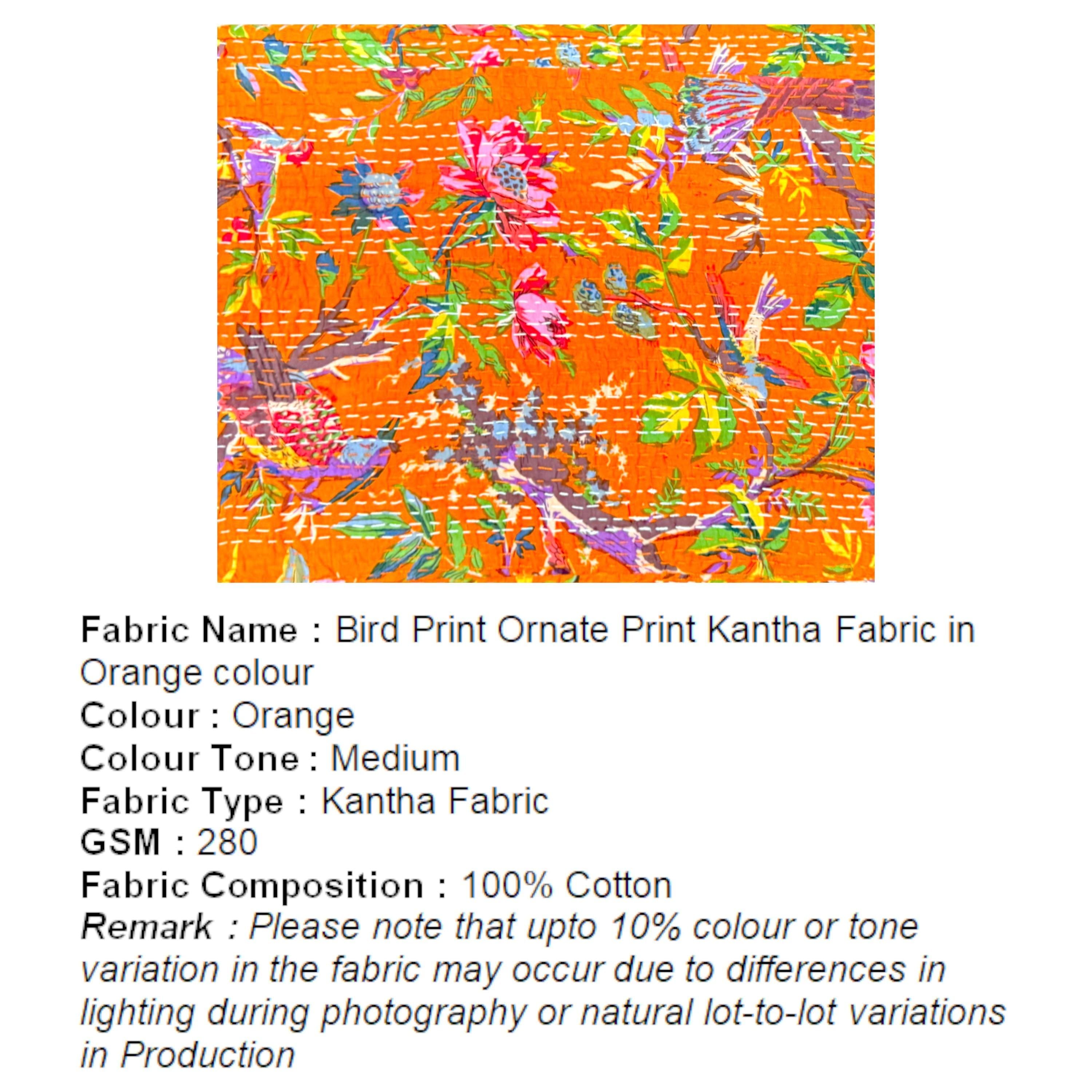 Asansol Sheesham Wood Mid Century Square Stool     in Bird Print Orange Kantha Upholstery